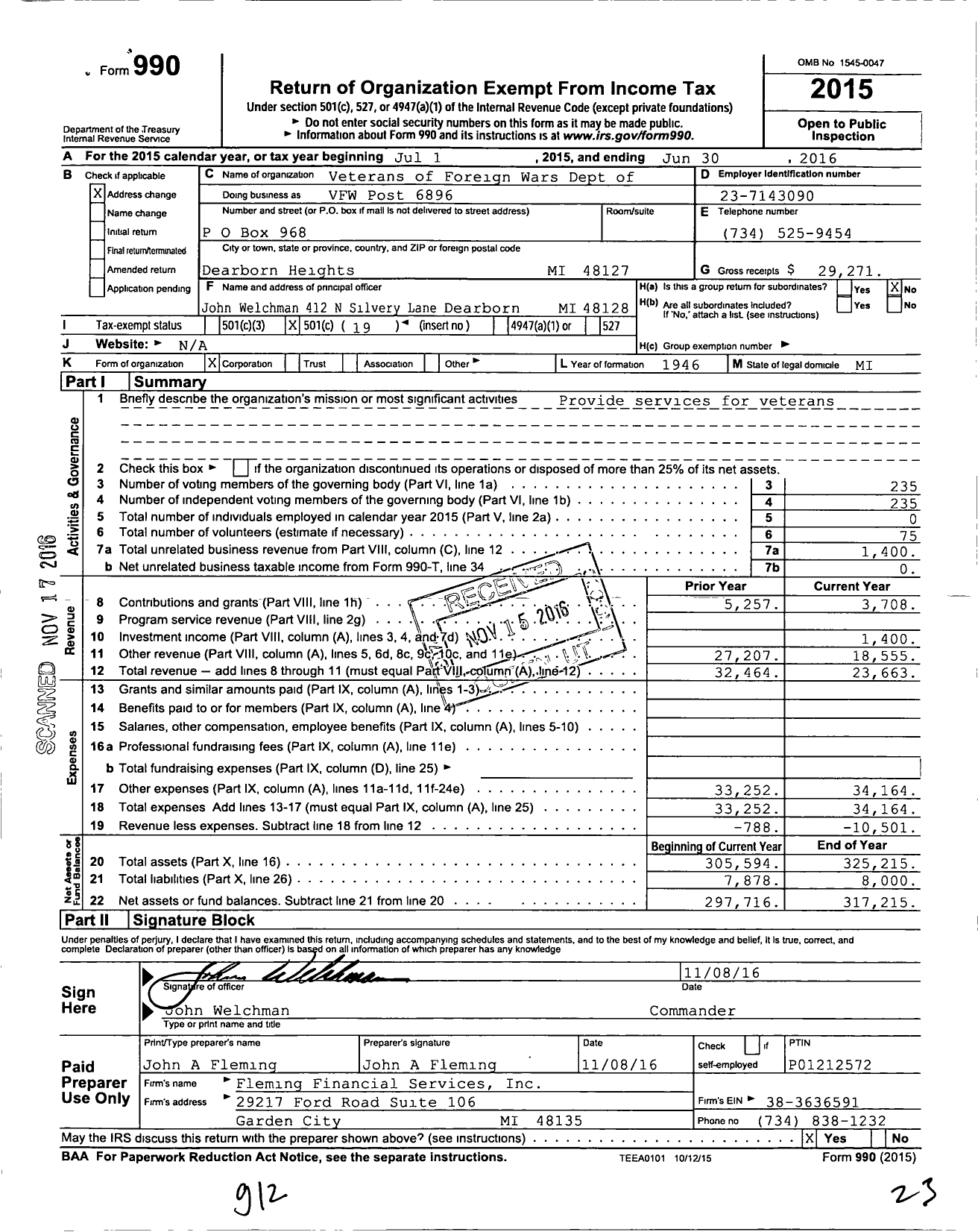 Image of first page of 2015 Form 990O for VFW Department of Michigan - Dist 4 6896 SGT Stanley Romano