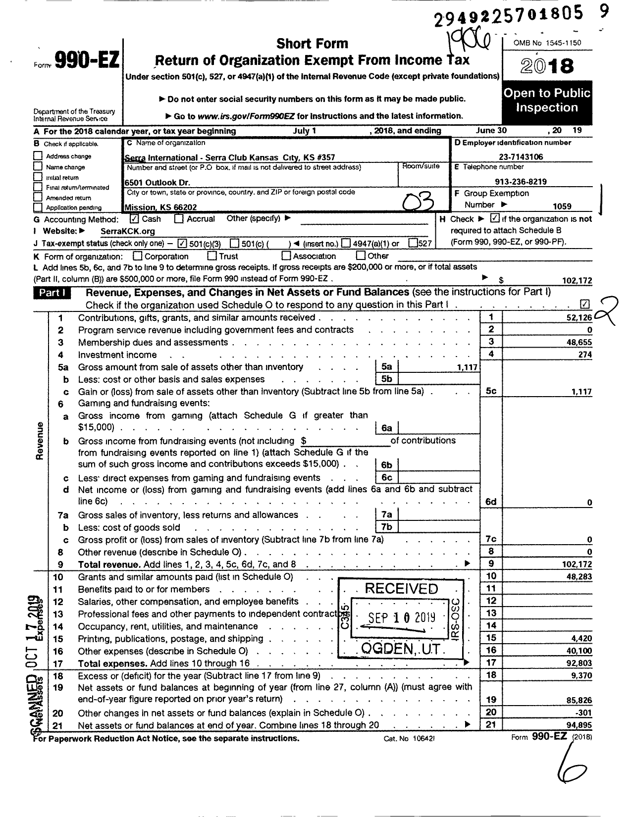 Image of first page of 2018 Form 990EZ for Serra INTERNATIONAL - 357 Kansas City KS Serra Club