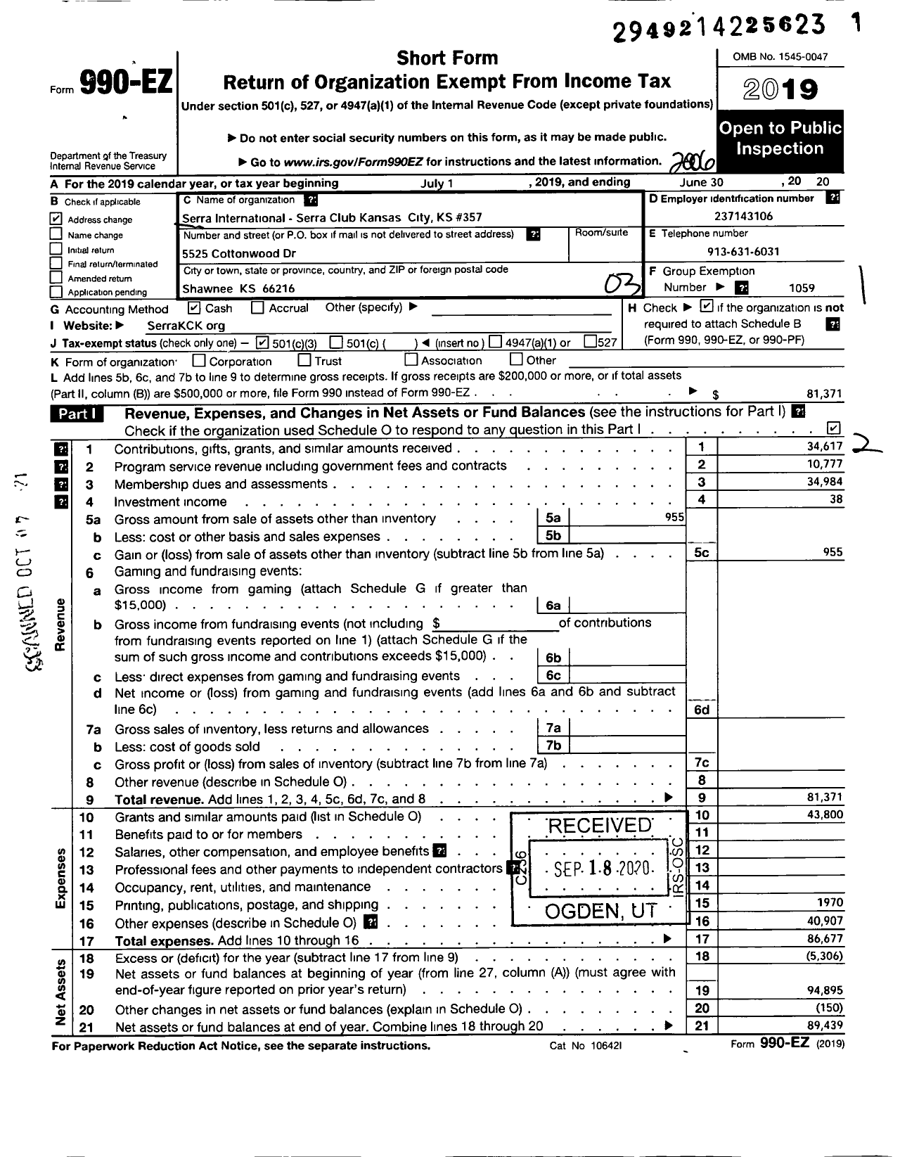 Image of first page of 2019 Form 990EZ for Serra INTERNATIONAL - 357 Kansas City KS Serra Club