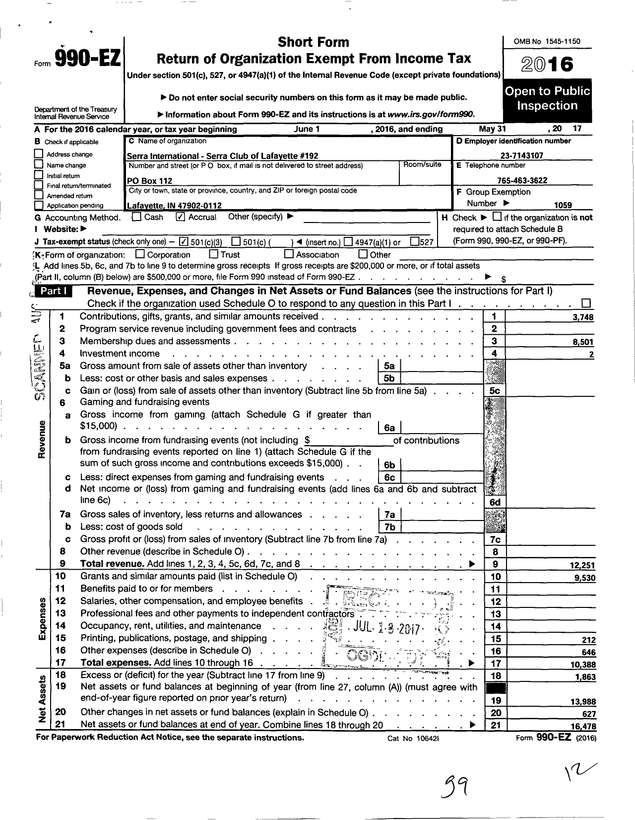 Image of first page of 2016 Form 990EZ for SERRA INTERNATIONAL - 182 Lafayette SERRA Club