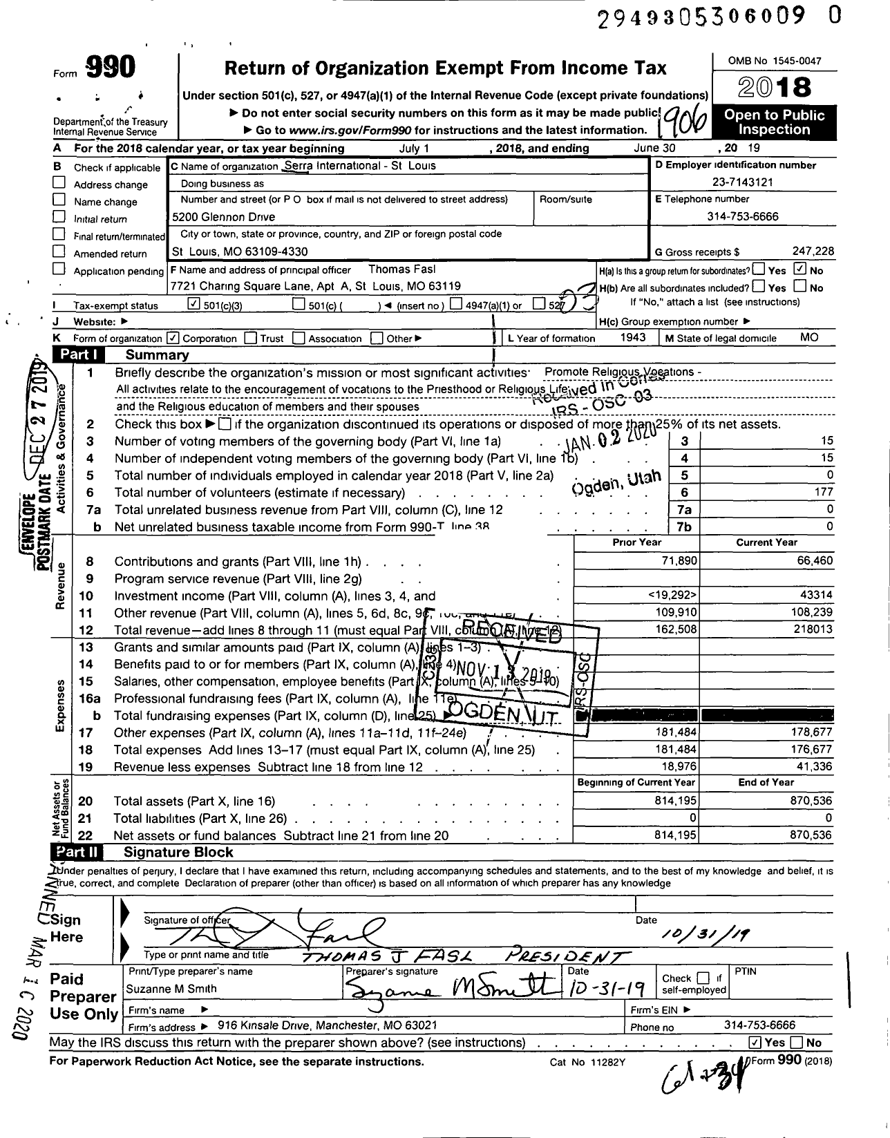 Image of first page of 2018 Form 990 for Serra International - 19 St Louis Serra Club