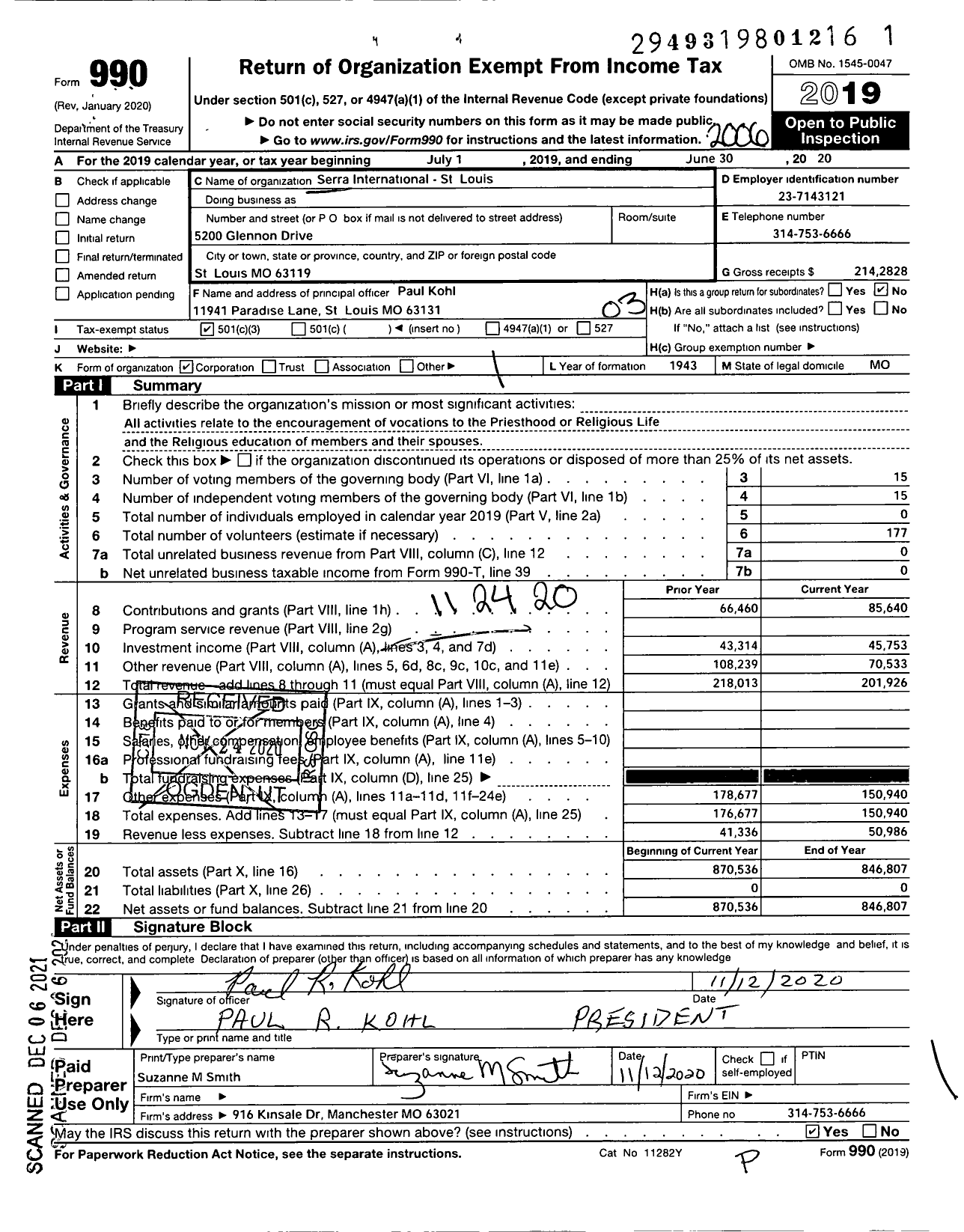 Image of first page of 2019 Form 990 for Serra International - 19 St Louis Serra Club