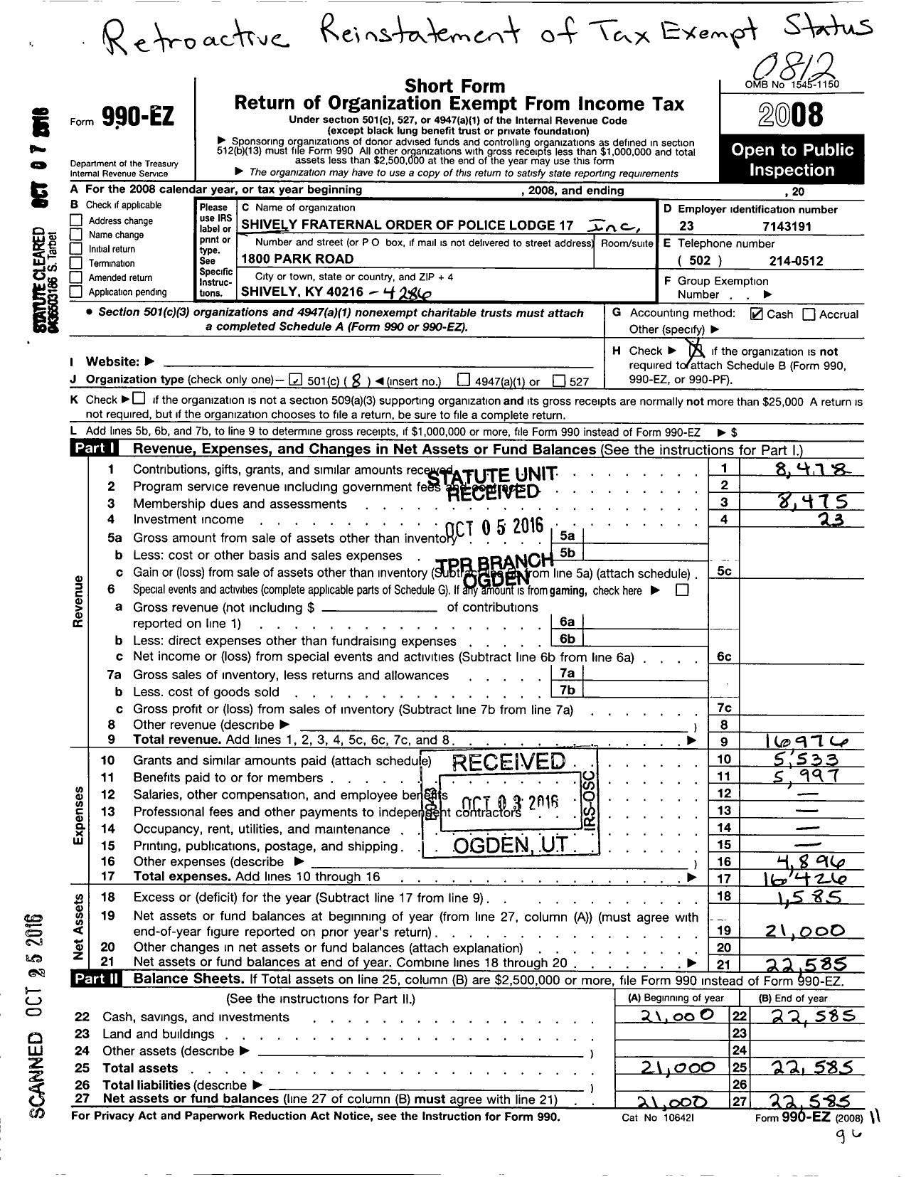 Image of first page of 2008 Form 990EO for Shively Lodge No 17