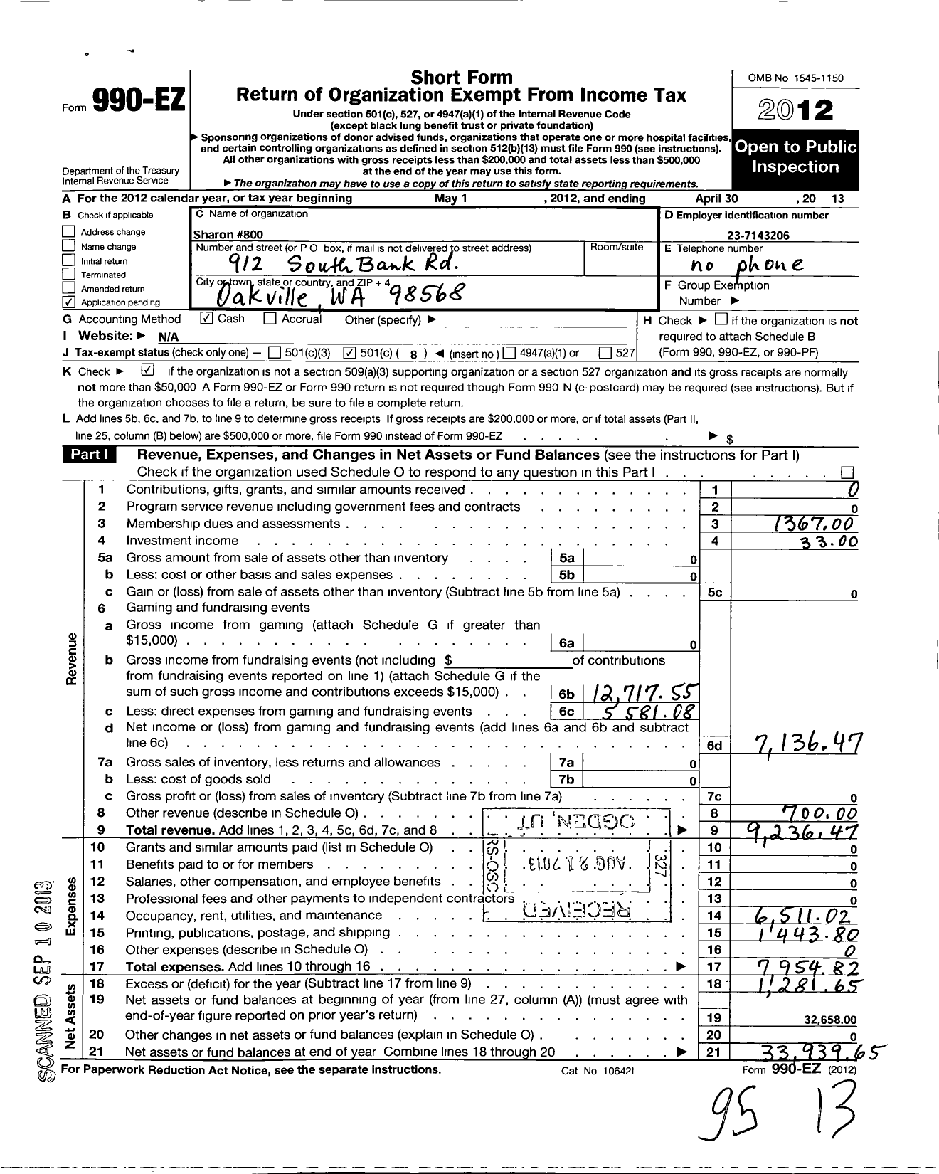 Image of first page of 2012 Form 990EO for Washington State Grange / 800 Sharon Grange