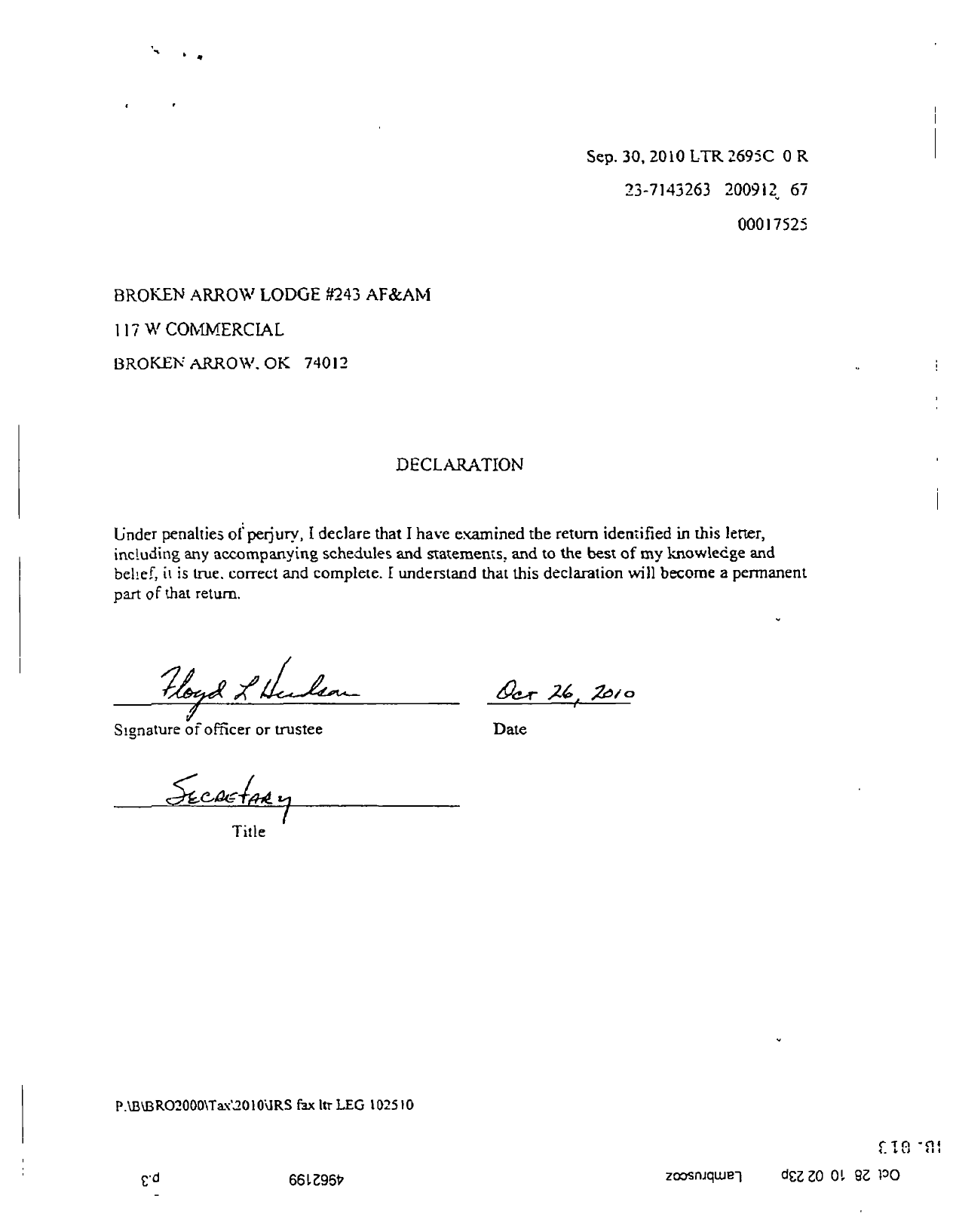 Image of first page of 2009 Form 990EOR for Ancient Free and Accepted Masons of Oklahoma - 243 Broken Arrow