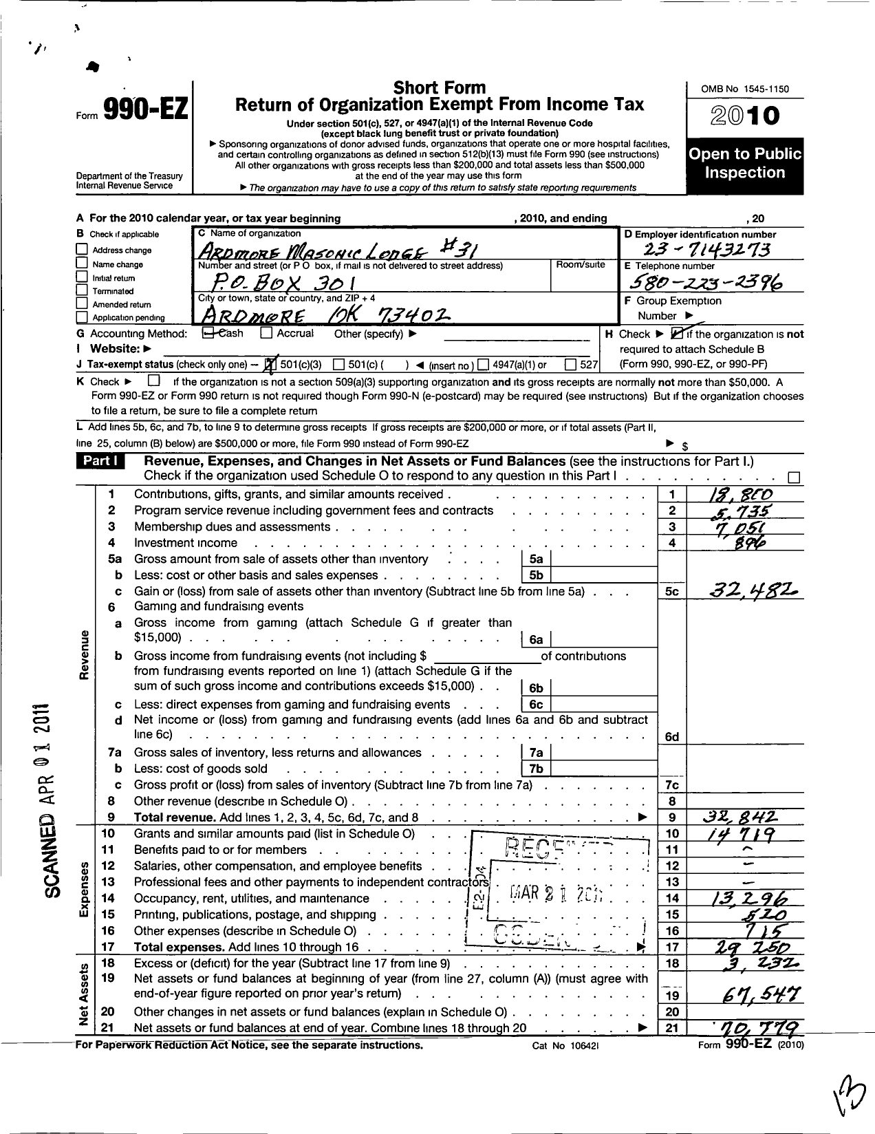 Image of first page of 2010 Form 990EZ for Ancient Free and Accepted Masons of Oklahoma - 31 Ardmore