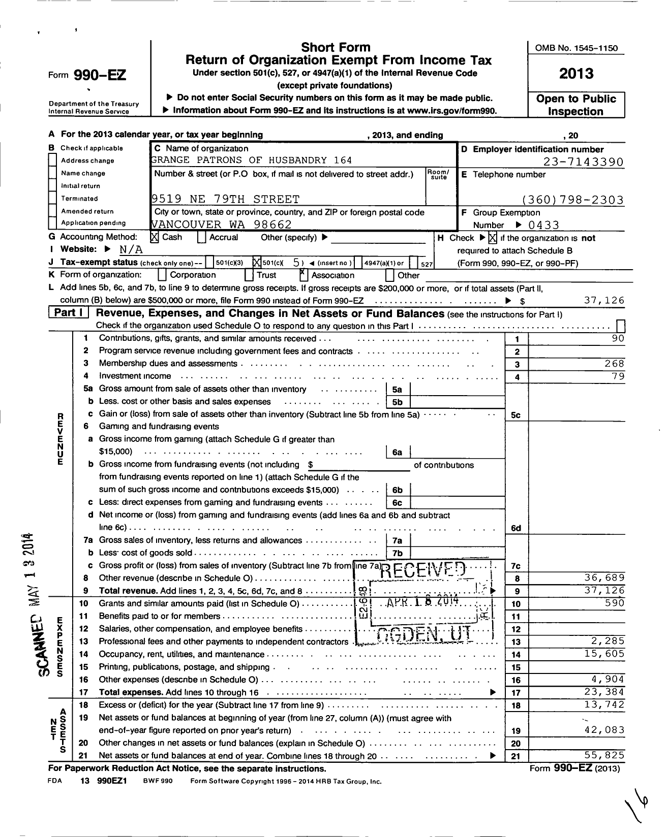 Image of first page of 2013 Form 990EO for Washington State Grange - 164 Minnehaha