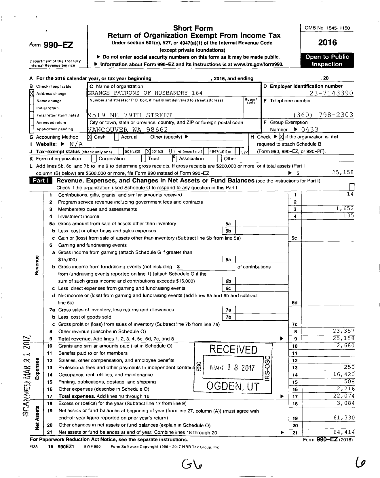 Image of first page of 2016 Form 990EO for Washington State Grange - 164 Minnehaha