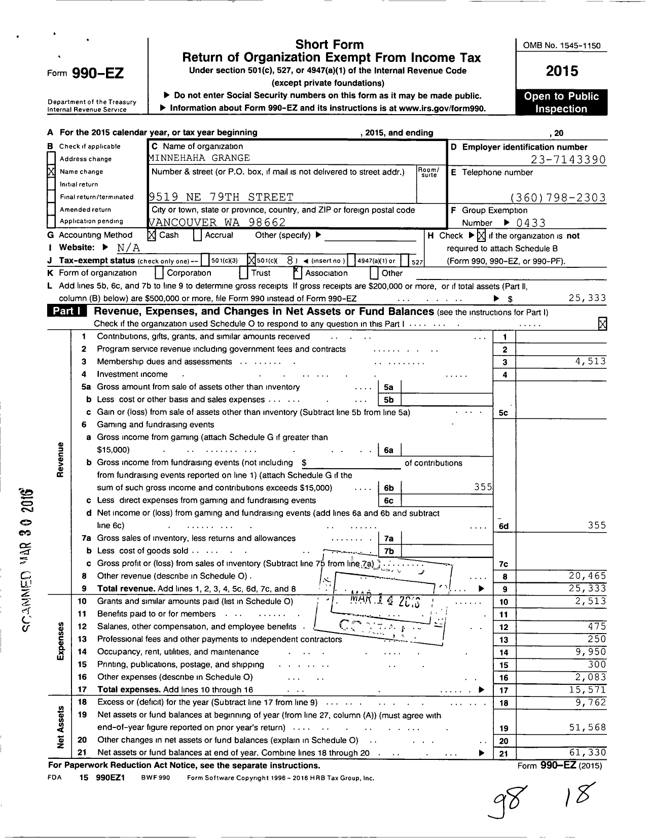 Image of first page of 2015 Form 990EO for Washington State Grange - 164 Minnehaha