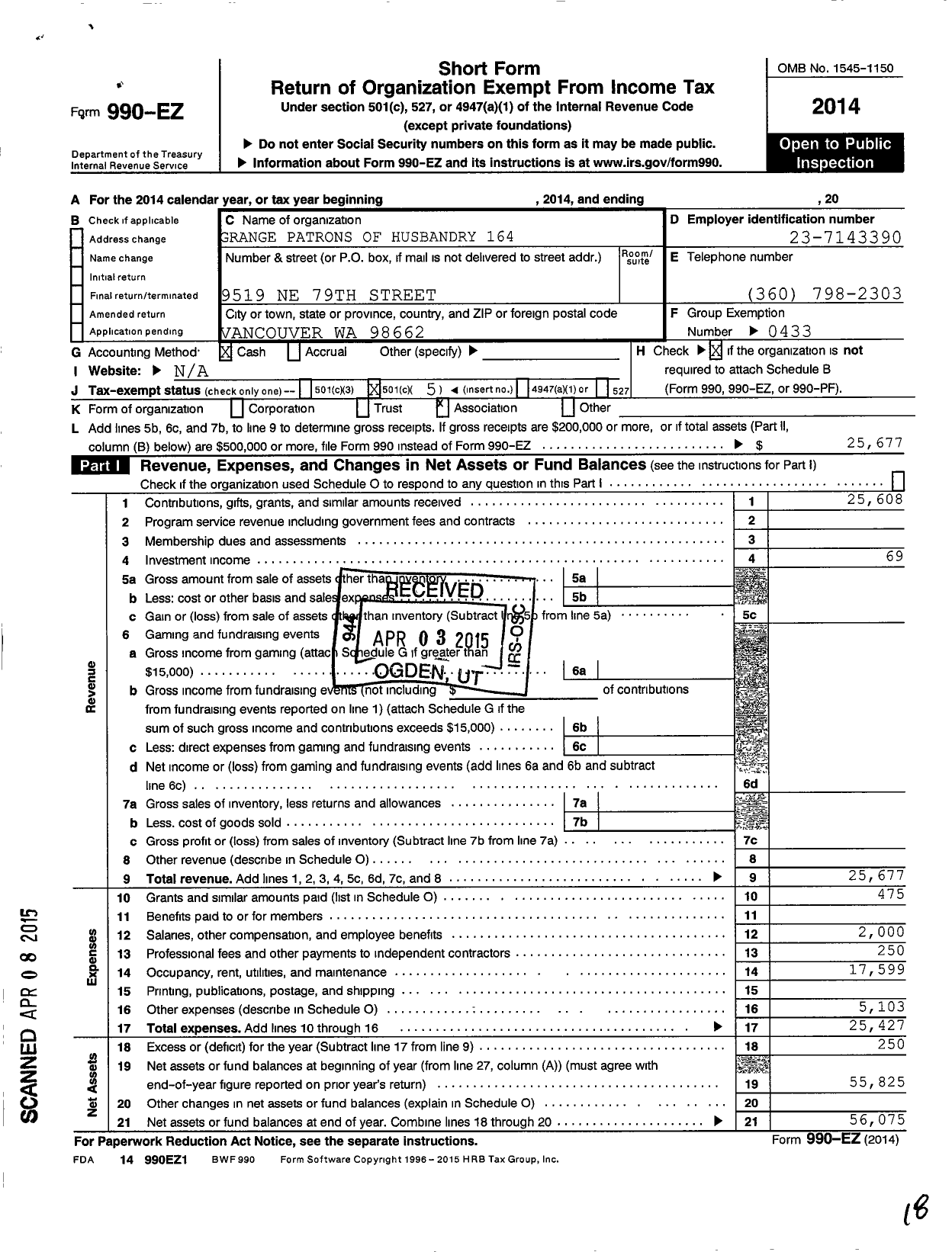 Image of first page of 2014 Form 990EO for Washington State Grange - 164 Minnehaha