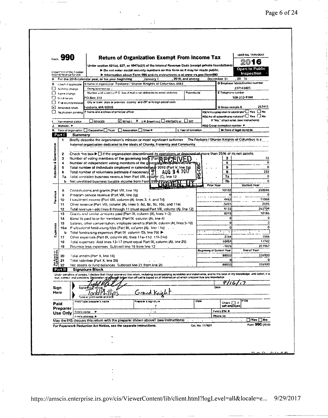 Image of first page of 2016 Form 990ER for Knights of Columbus - 6063 Foxboro Council