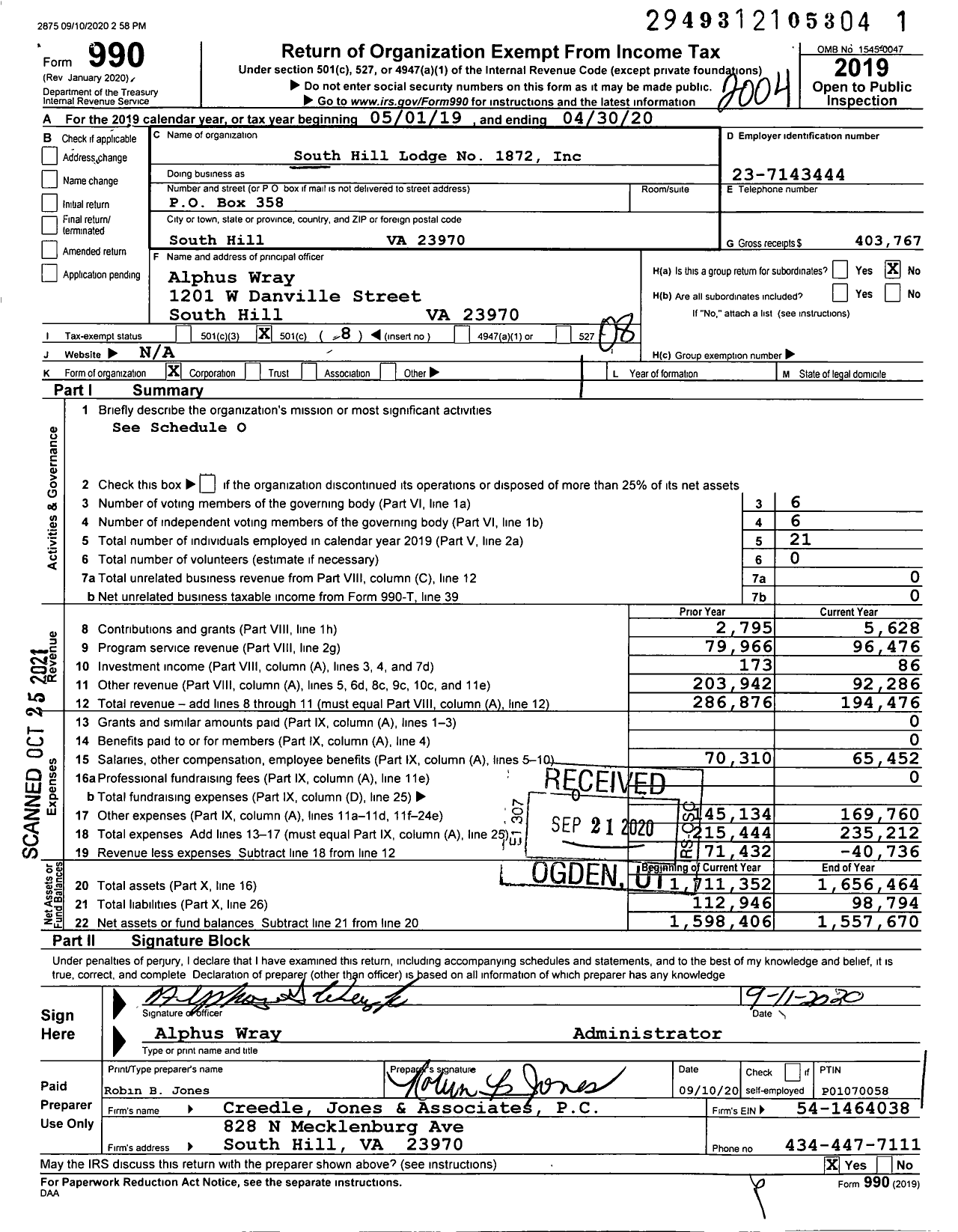 Image of first page of 2019 Form 990O for South Hill Lodge No 1872 Loyal Order of Moose