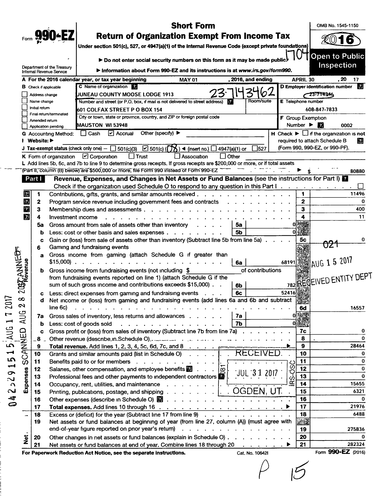 Image of first page of 2016 Form 990EO for Loyal Order of Moose - 1913