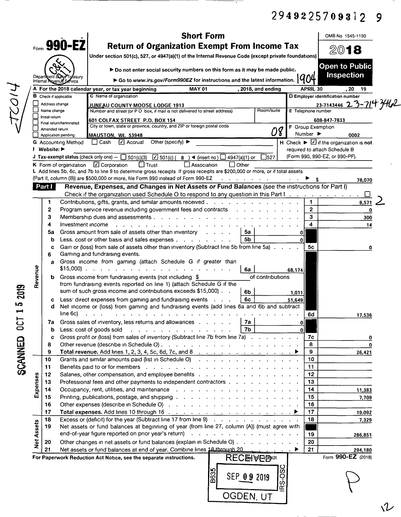 Image of first page of 2018 Form 990EO for Loyal Order of Moose - 1913