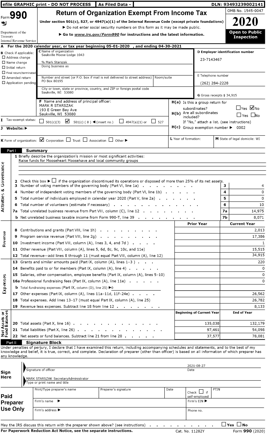 Image of first page of 2020 Form 990O for Loyal Order of Moose - 1043