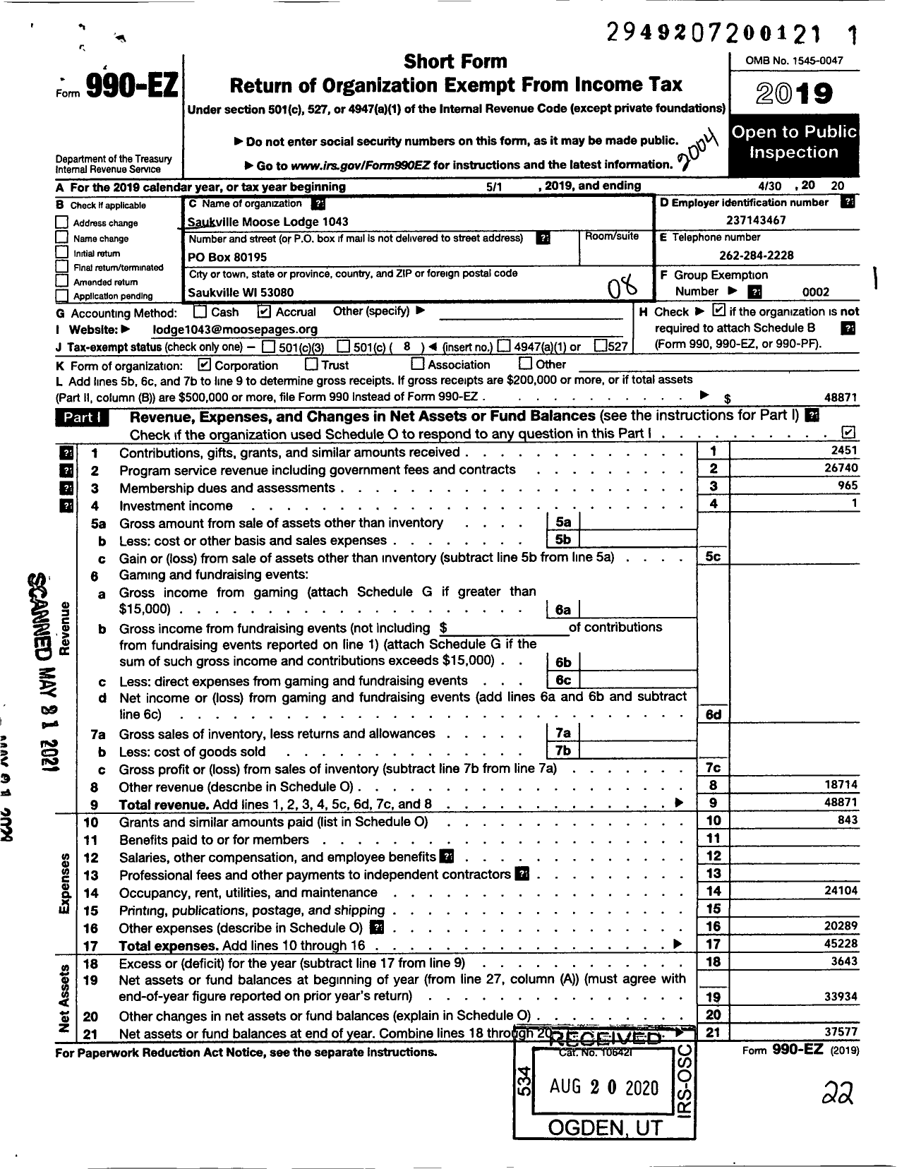 Image of first page of 2019 Form 990EO for Loyal Order of Moose - 1043