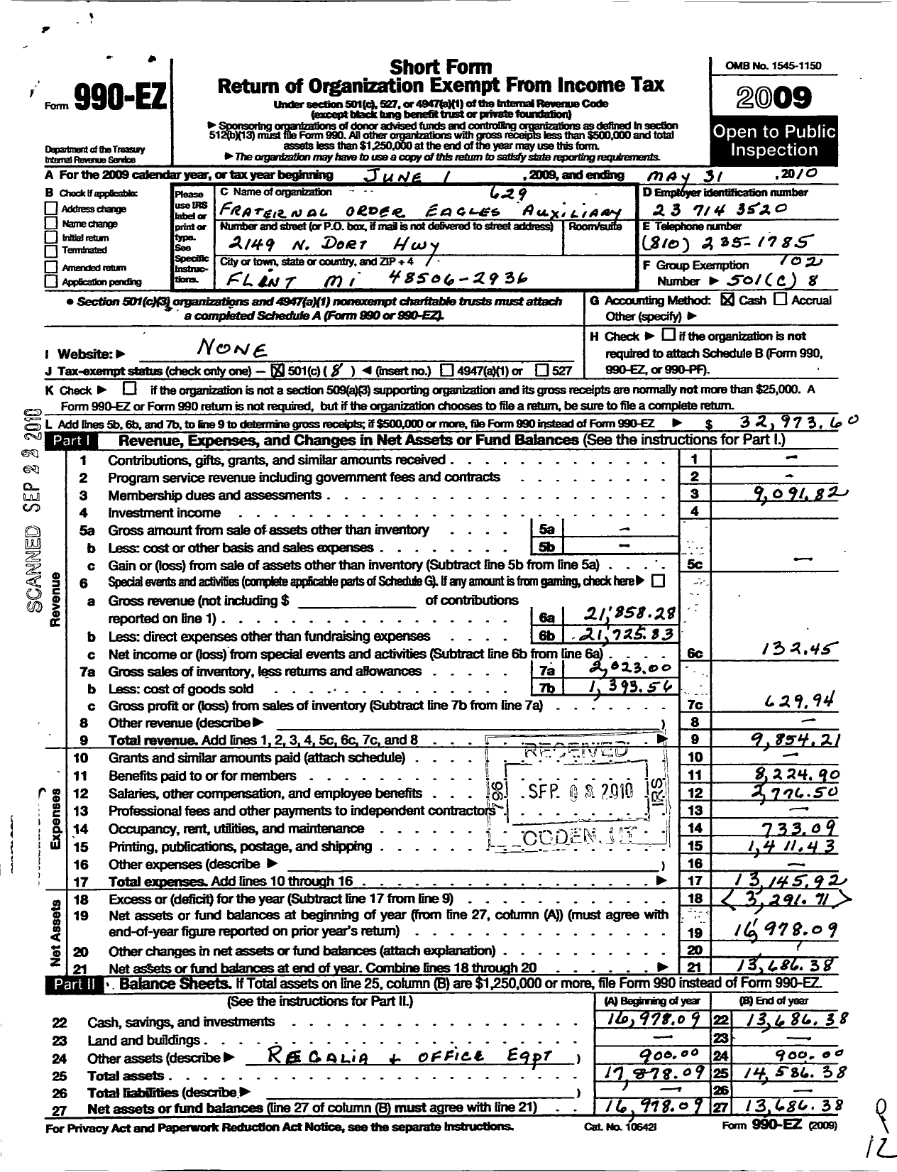 Image of first page of 2009 Form 990EO for Fraternal Order of Eagles - 629 Aux