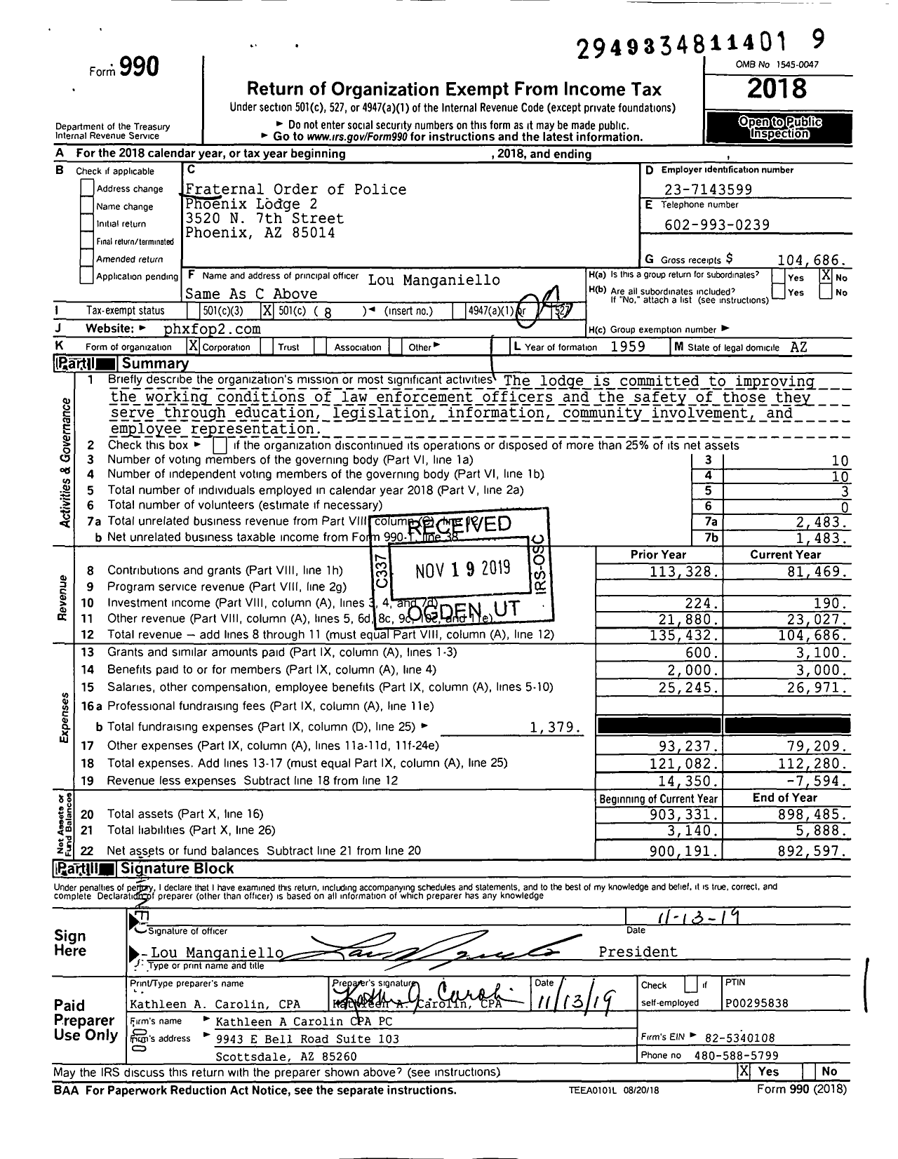 Image of first page of 2018 Form 990O for Fraternal Order of Police - 2 Phoenix Lodge
