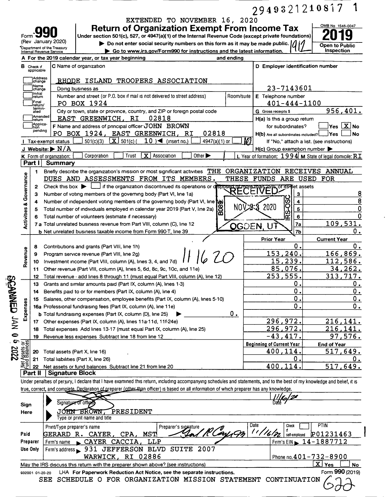 Image of first page of 2019 Form 990O for Rhode Island Troopers Association