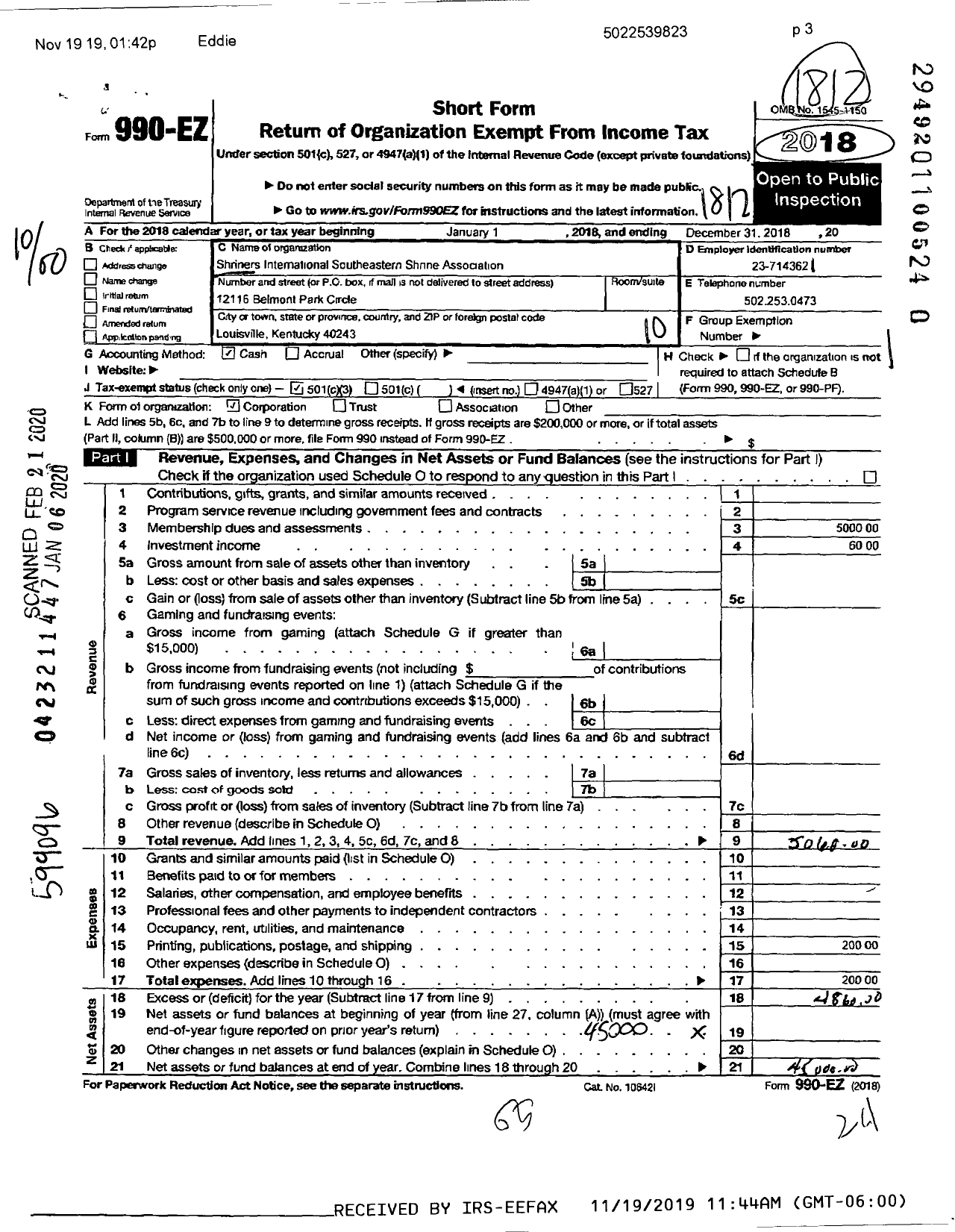 Image of first page of 2018 Form 990EO for Shriners International Southeastern Shrine Association