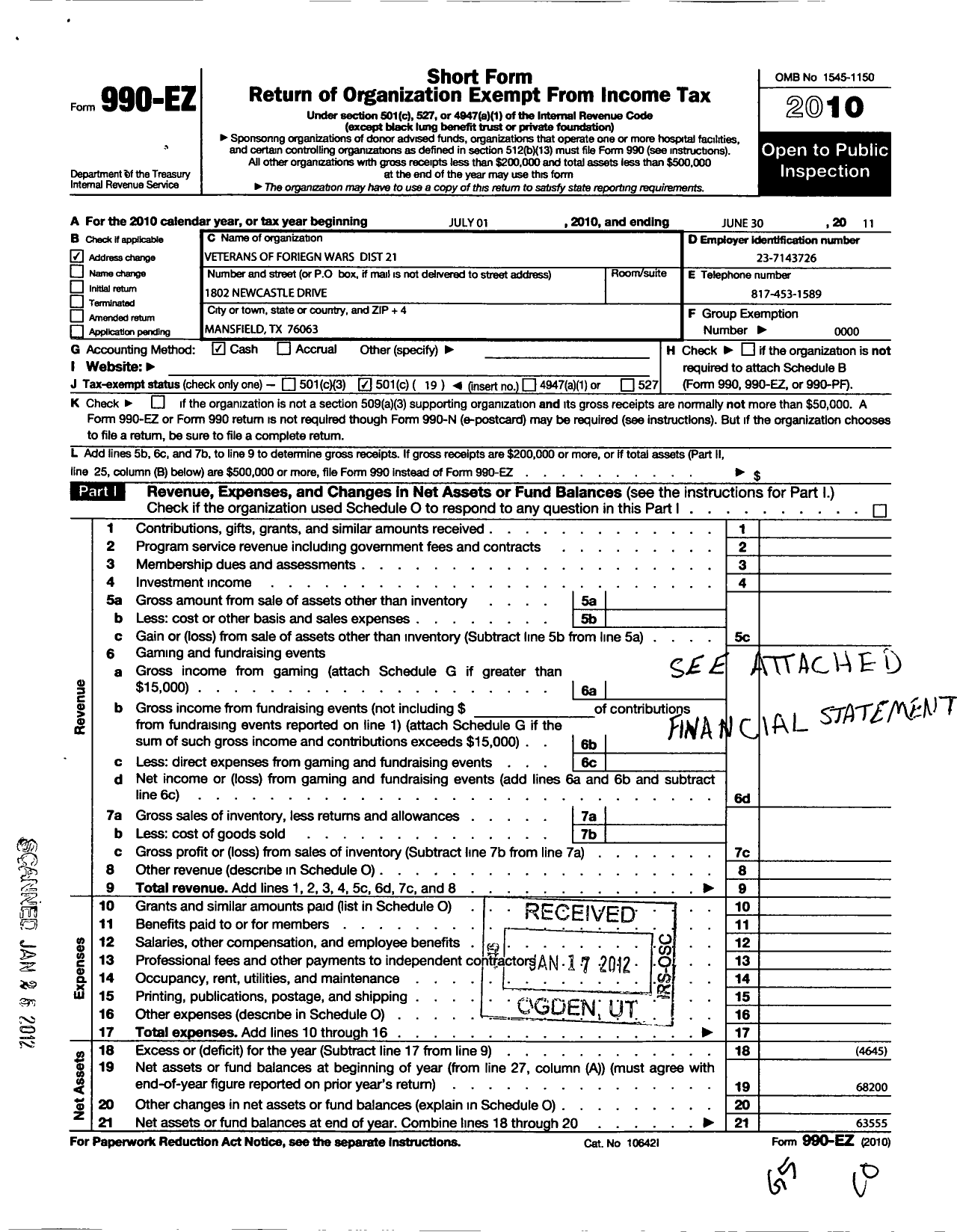 Image of first page of 2010 Form 990EO for Texas VFW - District 21