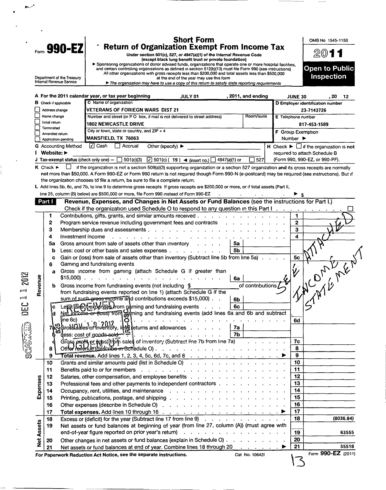 Image of first page of 2011 Form 990EO for Texas VFW - District 21