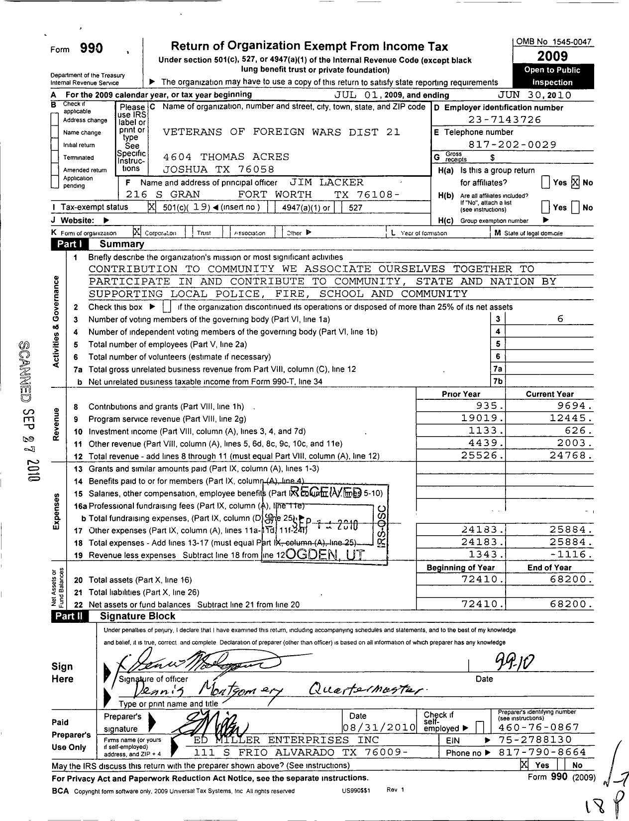 Image of first page of 2009 Form 990O for Texas VFW - District 21