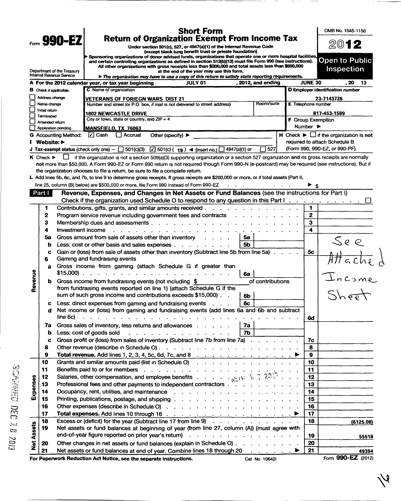 Image of first page of 2012 Form 990EO for Texas VFW - District 21