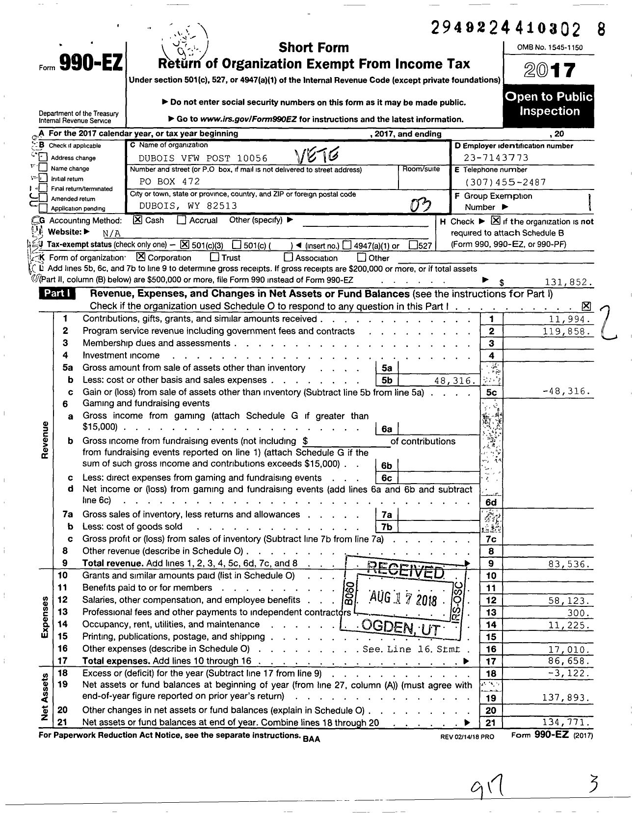 Image of first page of 2017 Form 990EZ for Veterans of Foreign Wars of the United States Dept of Wyoming - 10056 Dubois