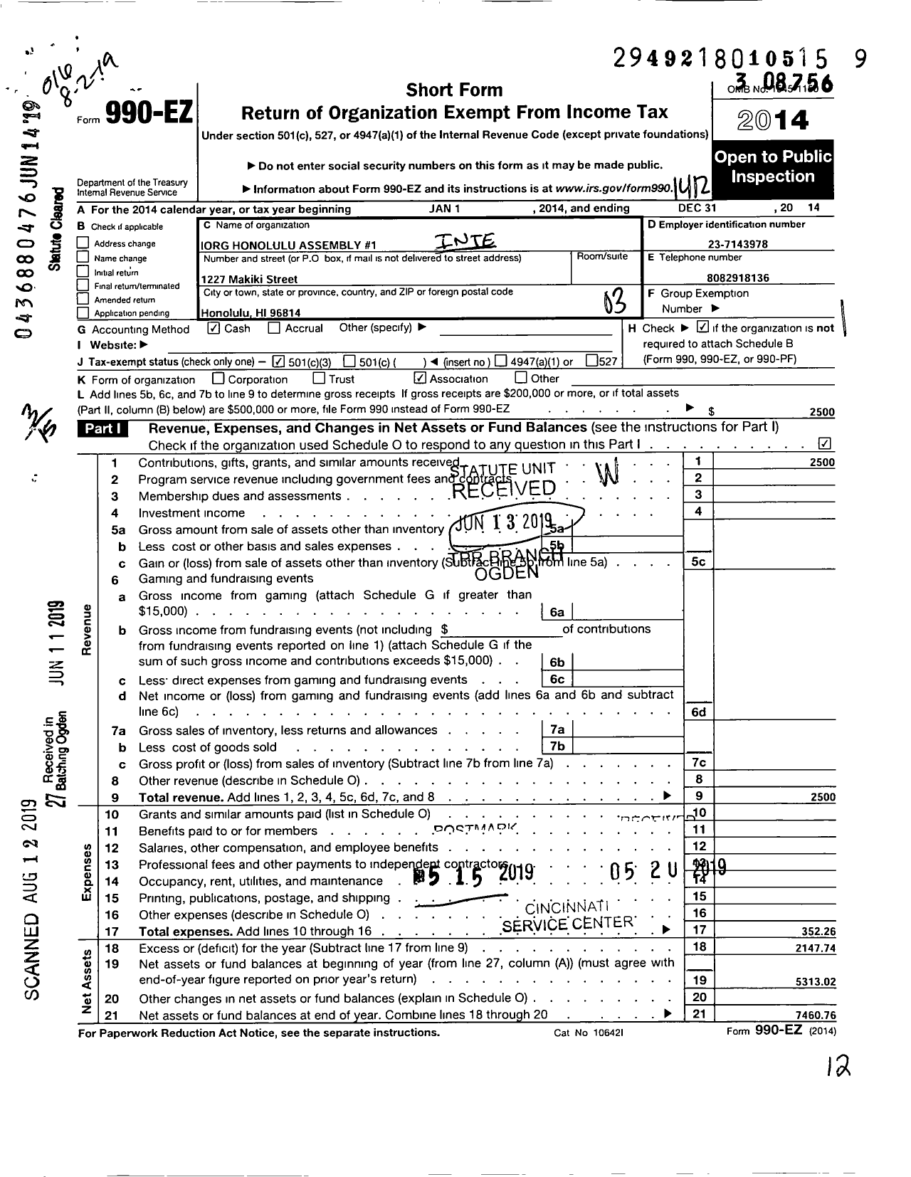 Image of first page of 2014 Form 990EZ for International Order of the Nrainbow for Girls Honolulu Assembly 1