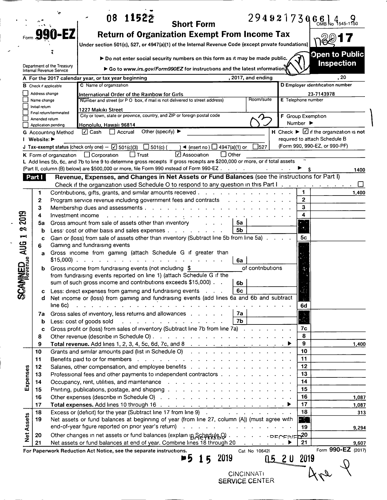 Image of first page of 2017 Form 990EZ for International Order of the Nrainbow for Girls Honolulu Assembly 1