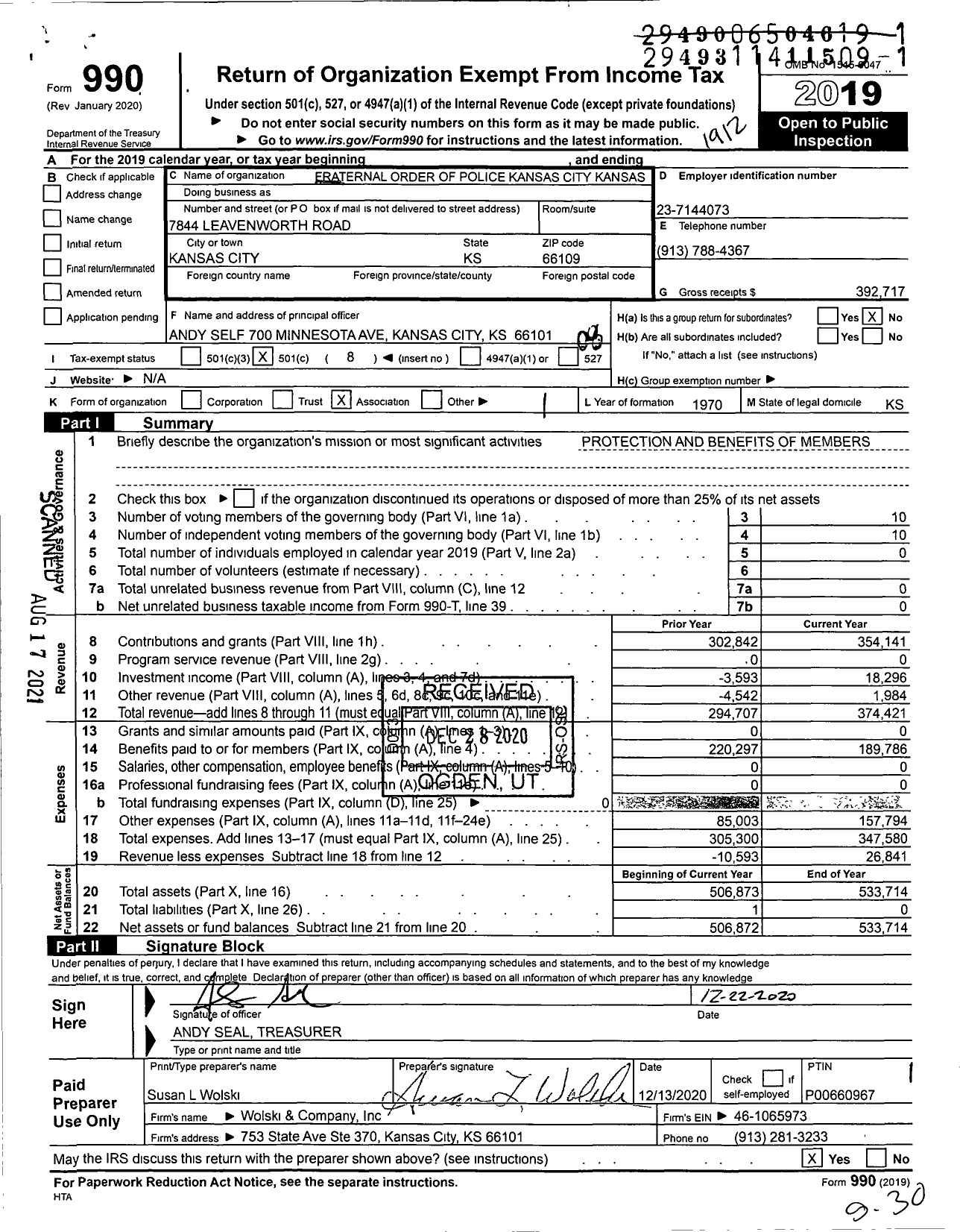 Image of first page of 2019 Form 990O for Fraternal Order of Police - 4 Kansas City Lodge