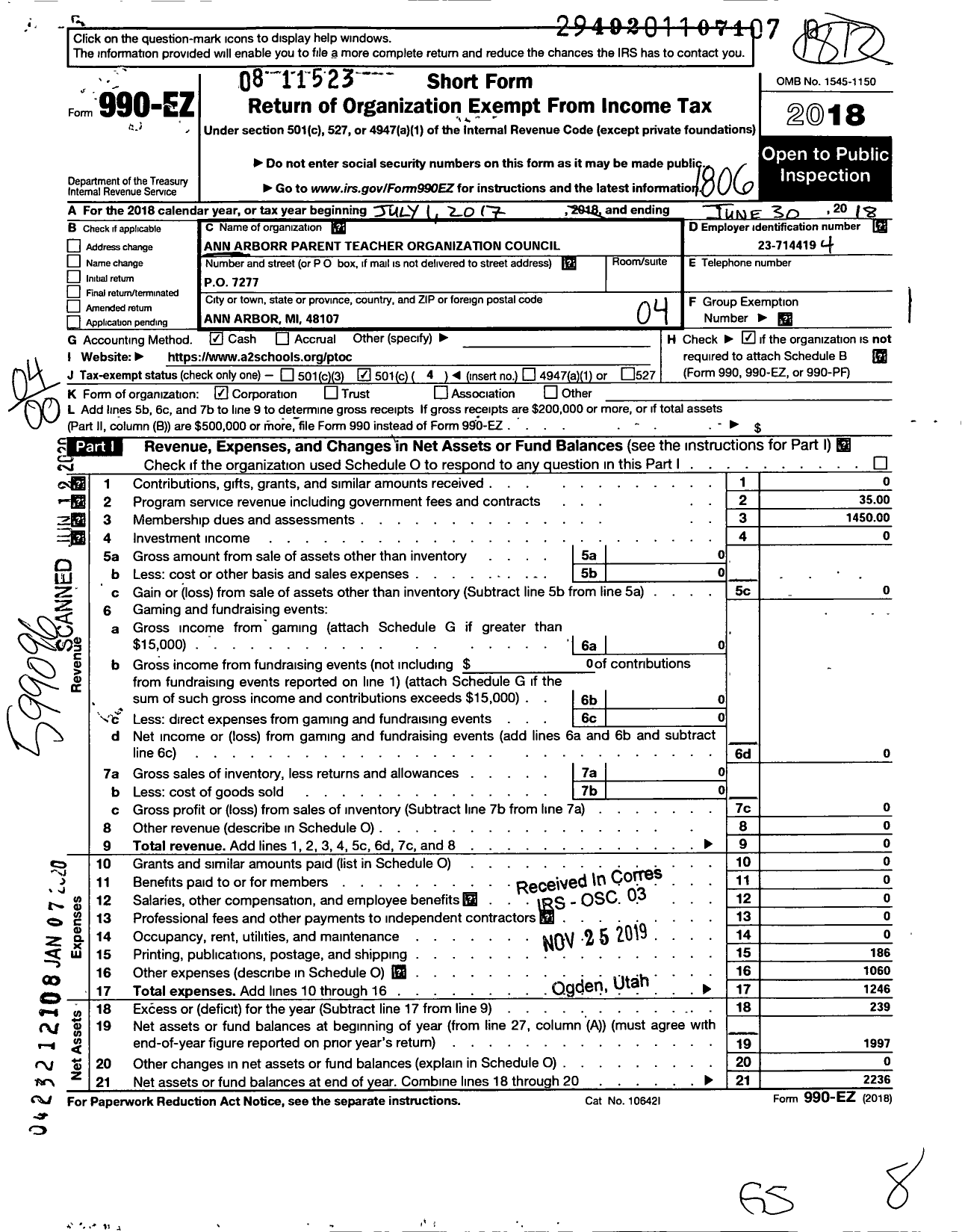 Image of first page of 2017 Form 990EO for Ann Arbor Parent Teacher Organization