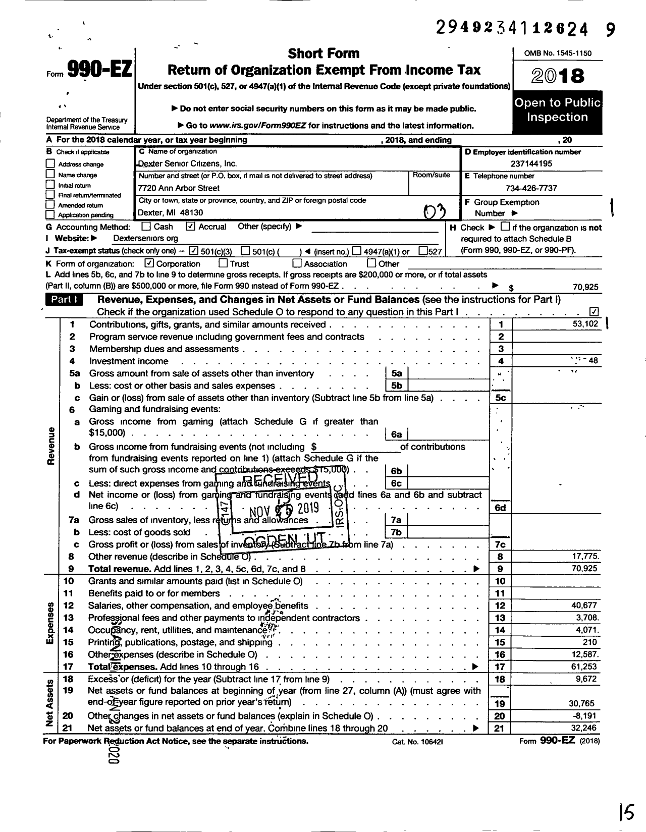 Image of first page of 2018 Form 990EZ for Dexter Senior Citizens