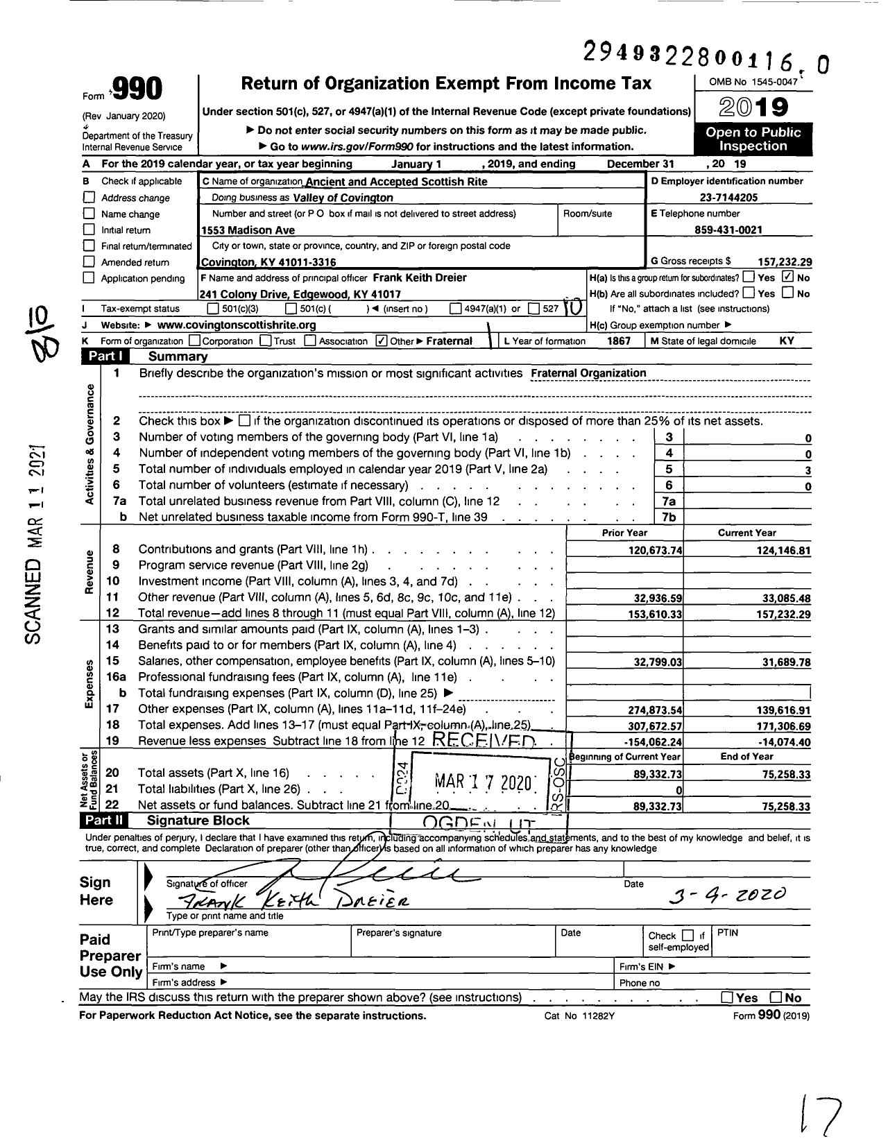 Image of first page of 2019 Form 990O for Scottish Rite of Freemasonry Southern Jurisdiction - Valley of Covington