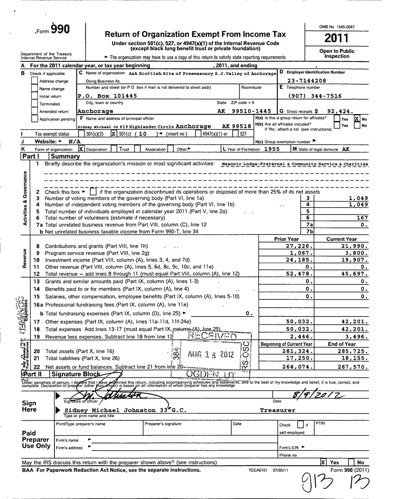 Image of first page of 2011 Form 990O for Scottish Rite of Freemasonry Southern Jurisdiction - Valley of Anchorage & Coord Bodies