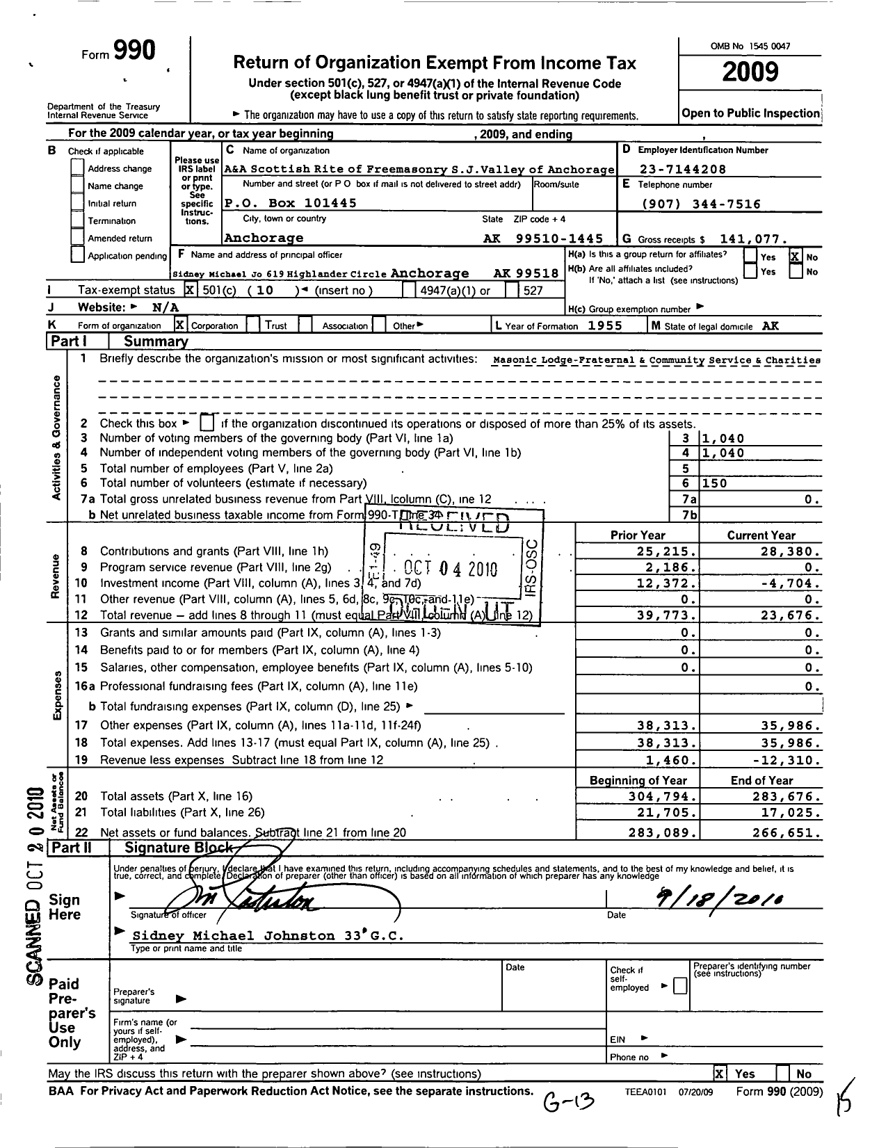 Image of first page of 2009 Form 990O for Scottish Rite of Freemasonry Southern Jurisdiction - Valley of Anchorage & Coord Bodies