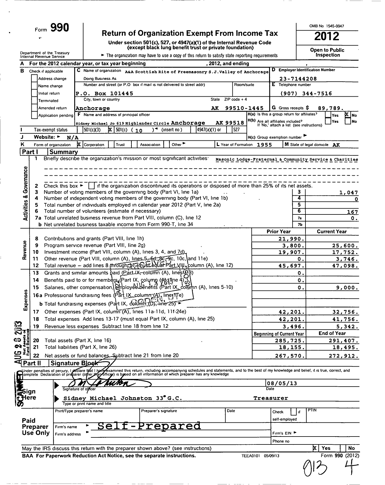 Image of first page of 2012 Form 990O for Scottish Rite of Freemasonry Southern Jurisdiction - Valley of Anchorage & Coord Bodies