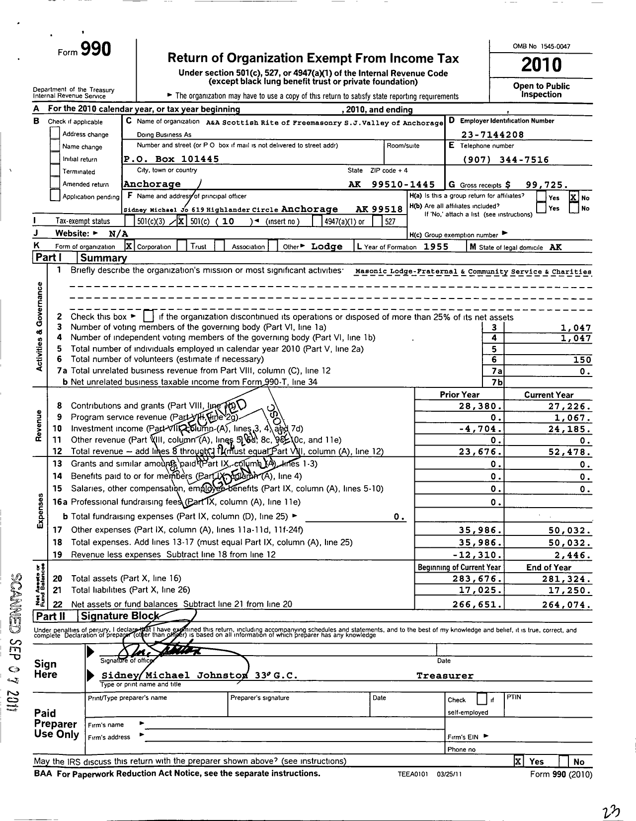 Image of first page of 2010 Form 990O for Scottish Rite of Freemasonry Southern Jurisdiction - Valley of Anchorage & Coord Bodies