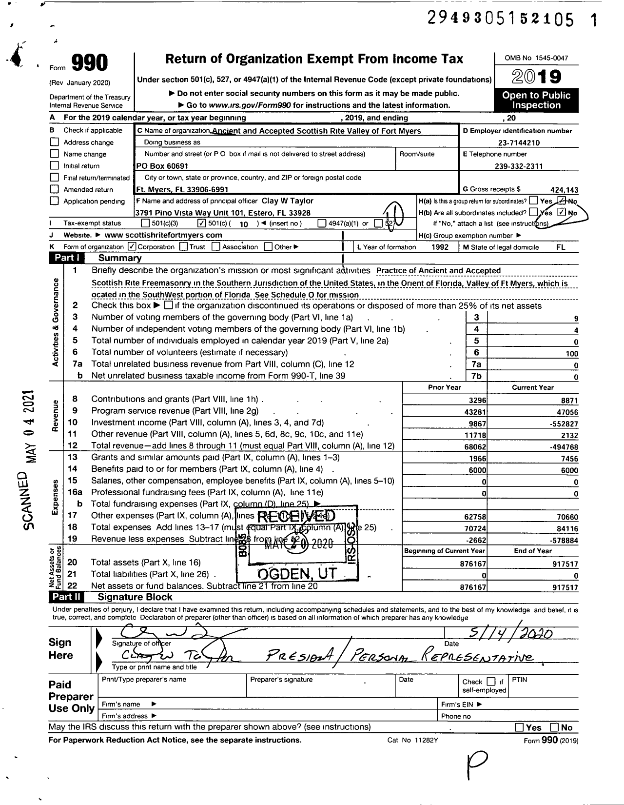 Image of first page of 2019 Form 990O for Scottish Rite of Freemasonry Southern Jurisdiction - AASR Valley of Fort Myers