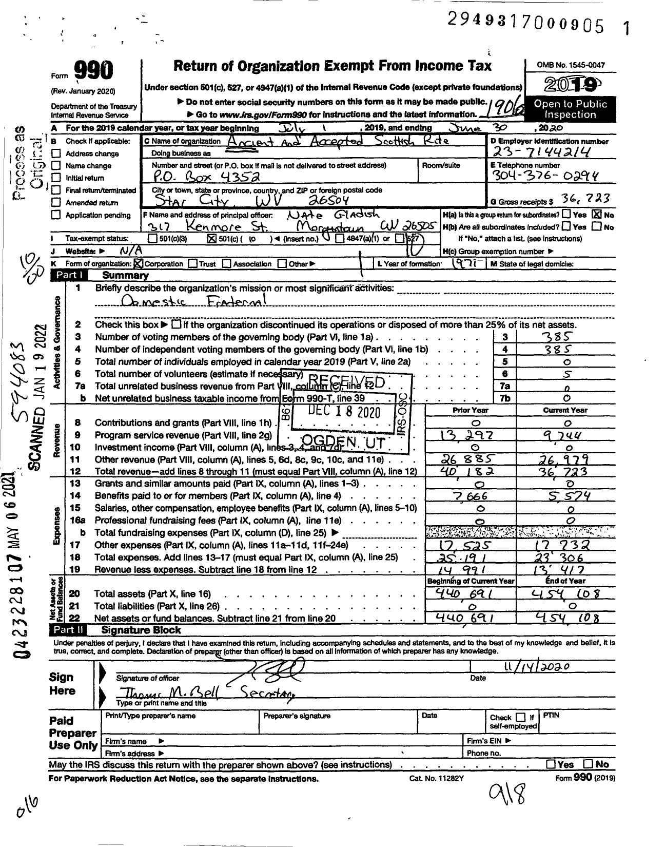 Image of first page of 2018 Form 990O for Scottish Rite of Freemasonry Southern Jurisdiction - Valley of Morgantown & Bodies