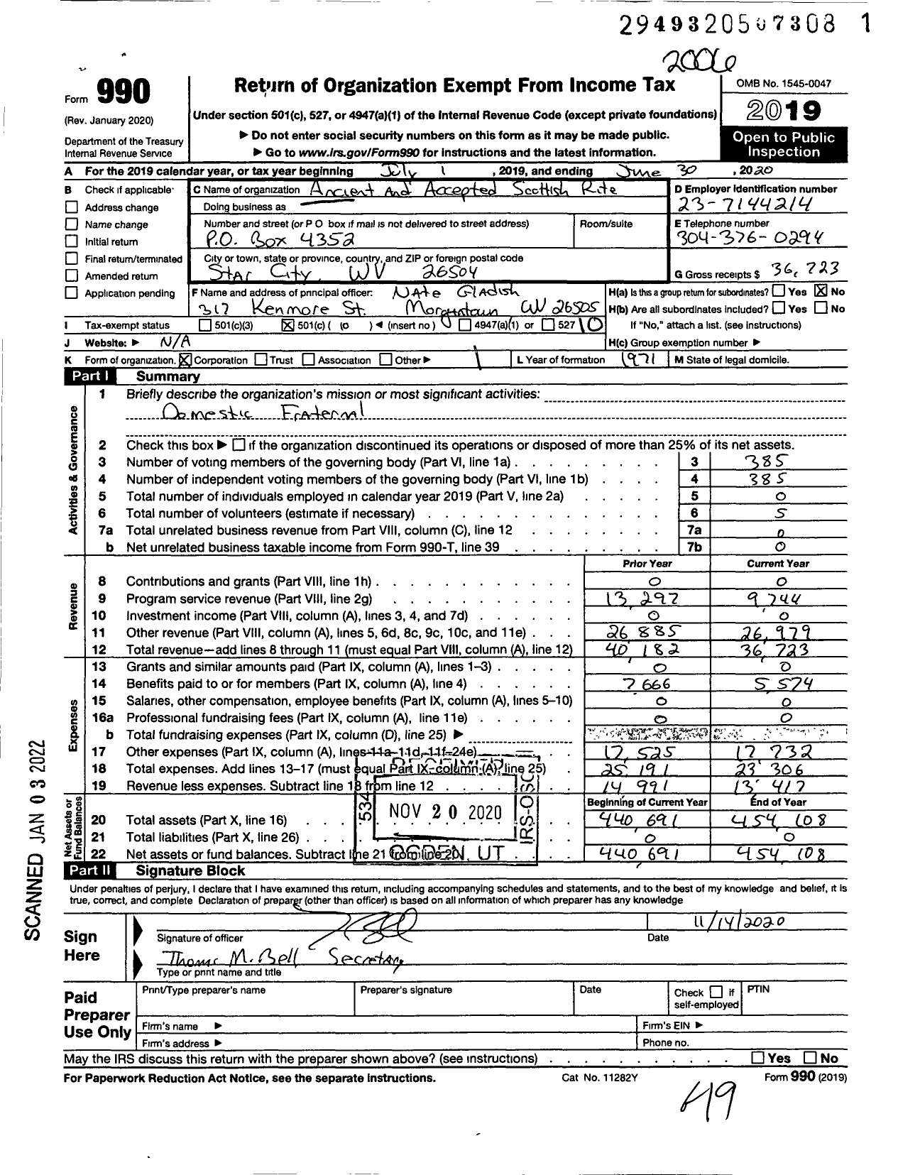 Image of first page of 2019 Form 990O for Scottish Rite of Freemasonry Southern Jurisdiction - Valley of Morgantown & Bodies