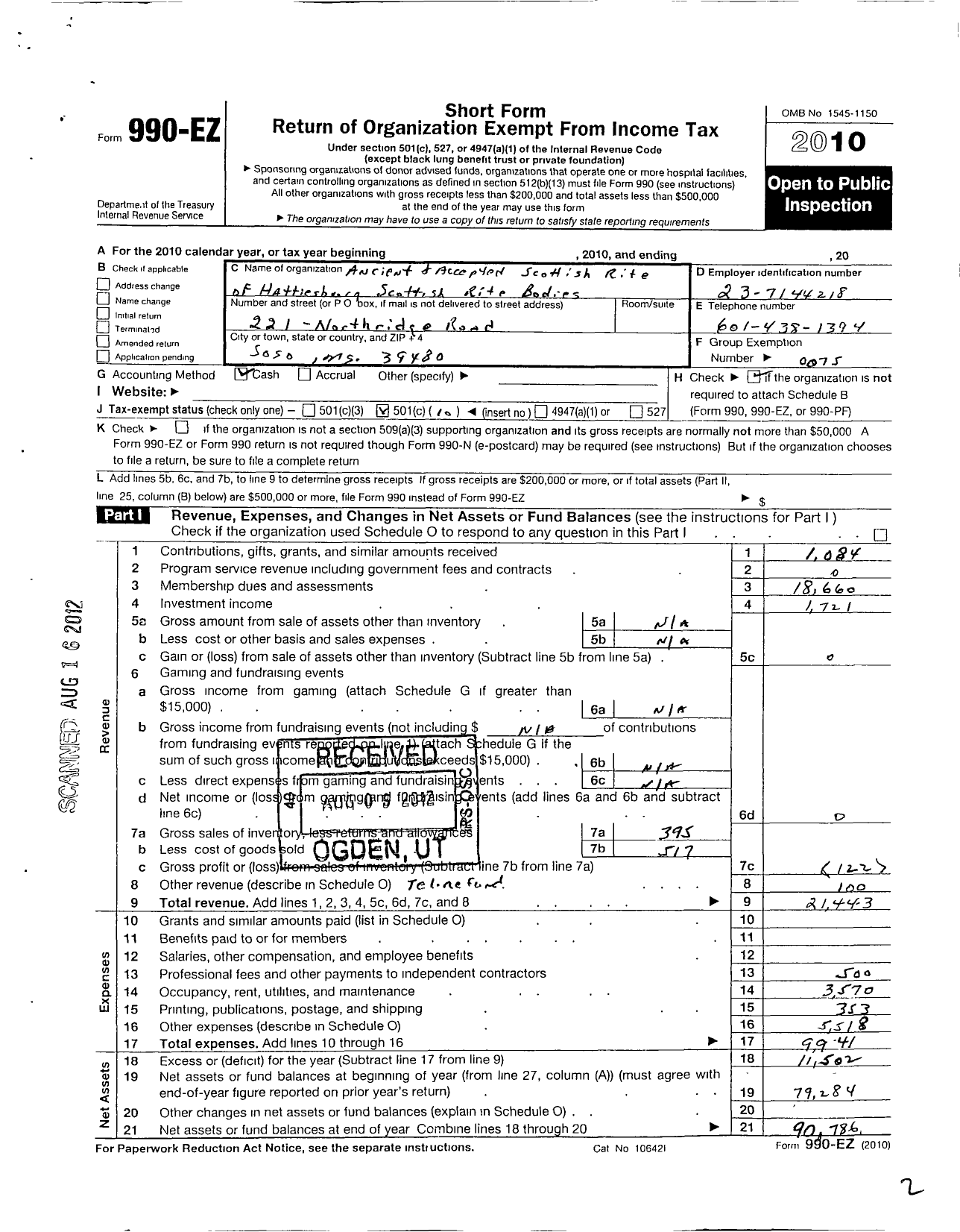 Image of first page of 2010 Form 990EO for Scottish Rite of Freemasonry Southern Jurisdiction - Hattiesburg Scottish Rite Bodies