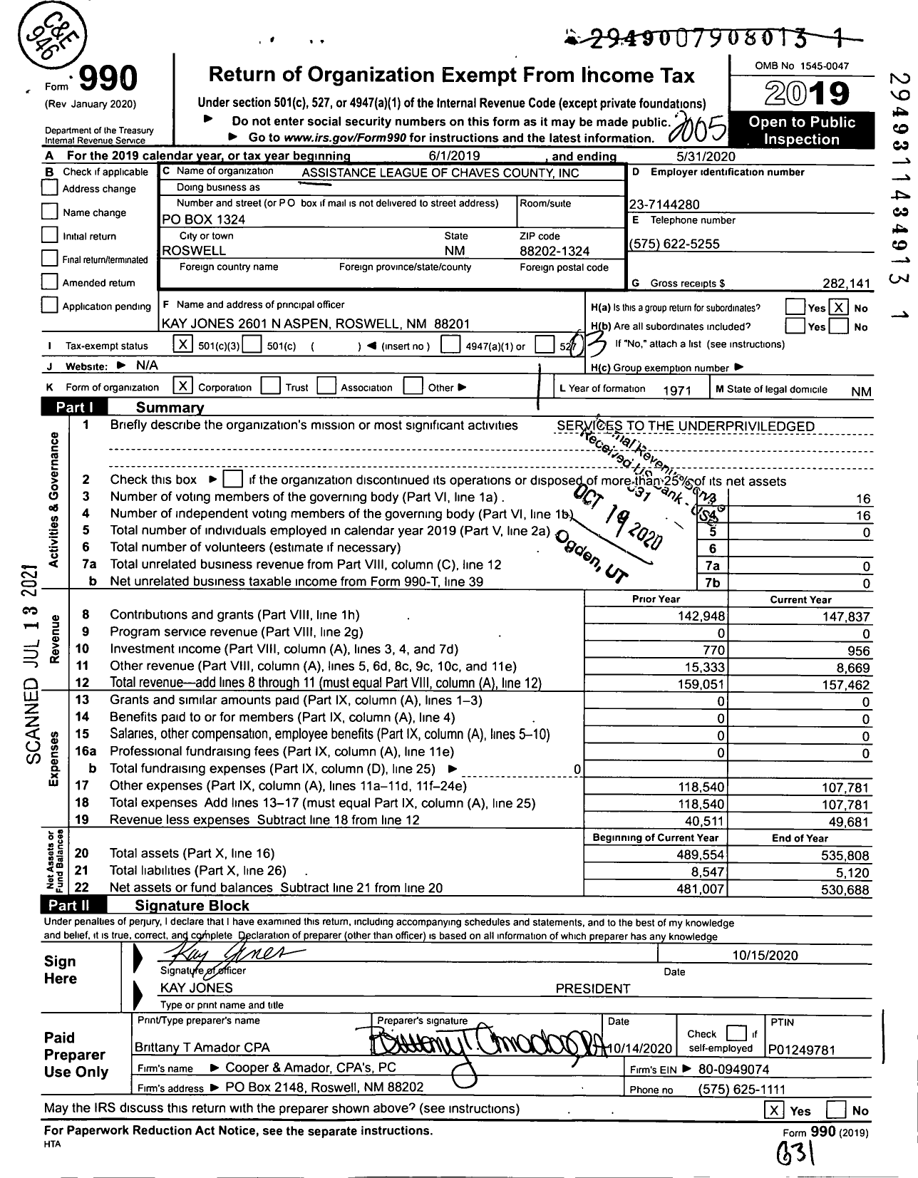 Image of first page of 2019 Form 990 for Assistance League of Chaves County