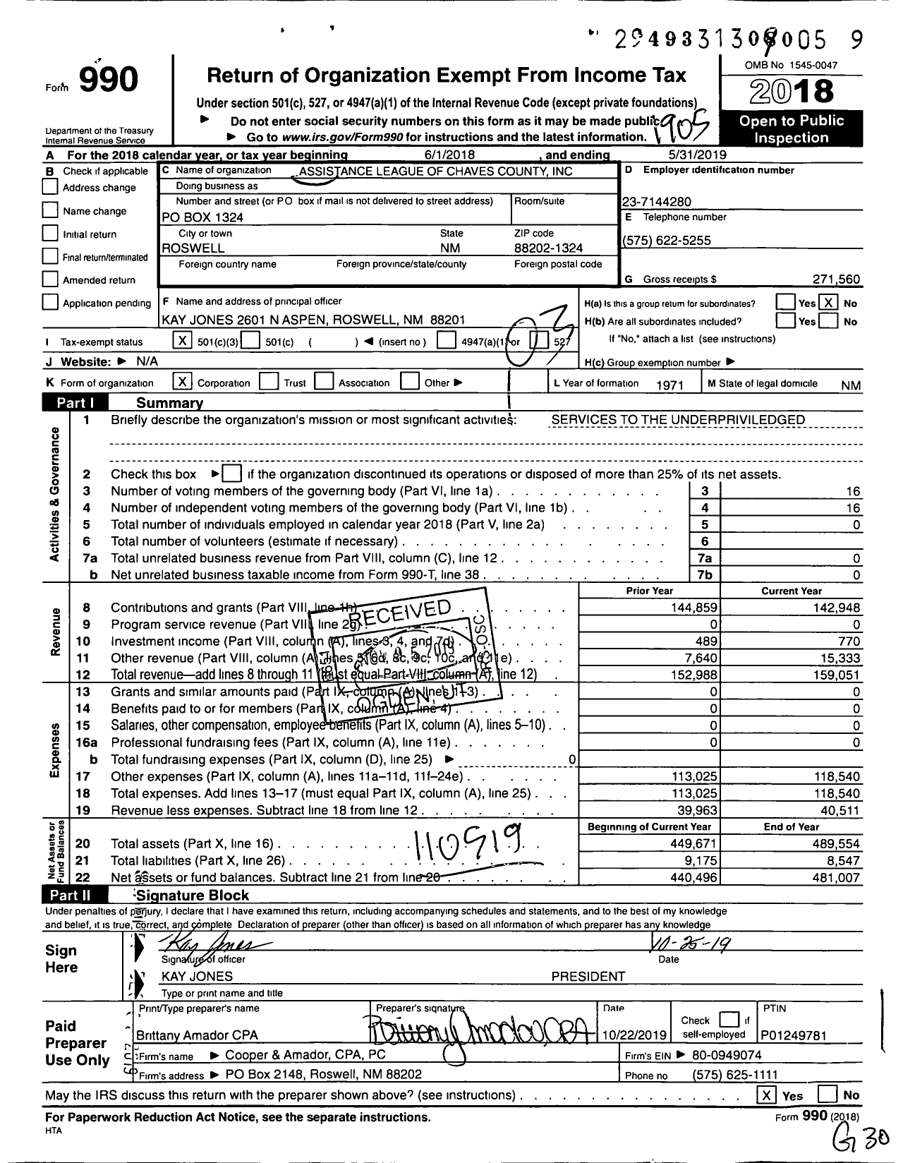 Image of first page of 2018 Form 990 for Assistance League of Chaves County