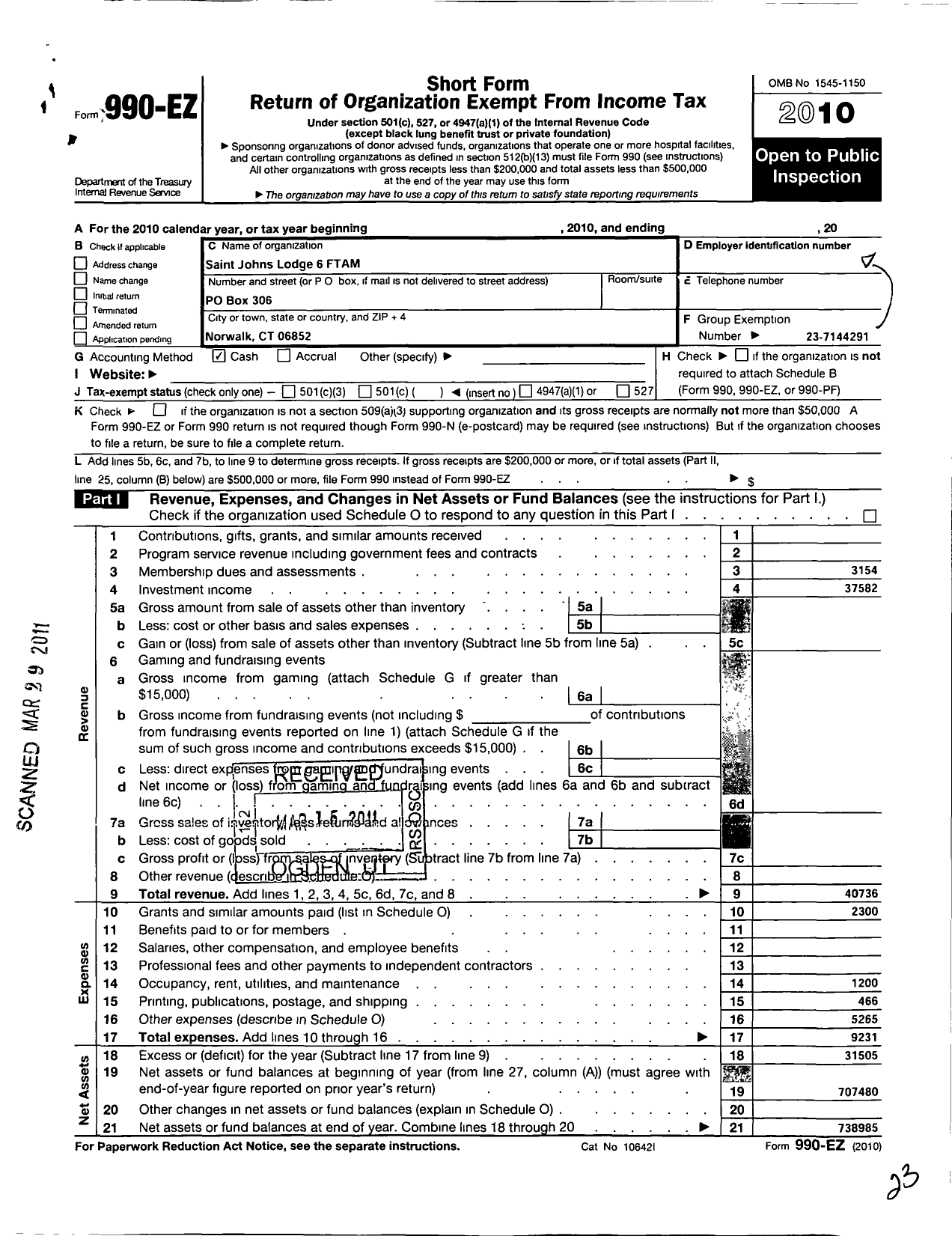 Image of first page of 2010 Form 990EO for Ancient Free and Accepted Masons of Connecticut - 6 Oldwell St Johns Lodge