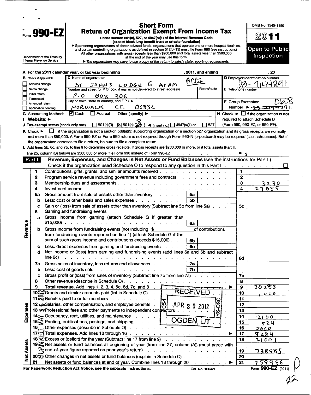 Image of first page of 2011 Form 990EO for Ancient Free and Accepted Masons of Connecticut - 6 Oldwell St Johns Lodge