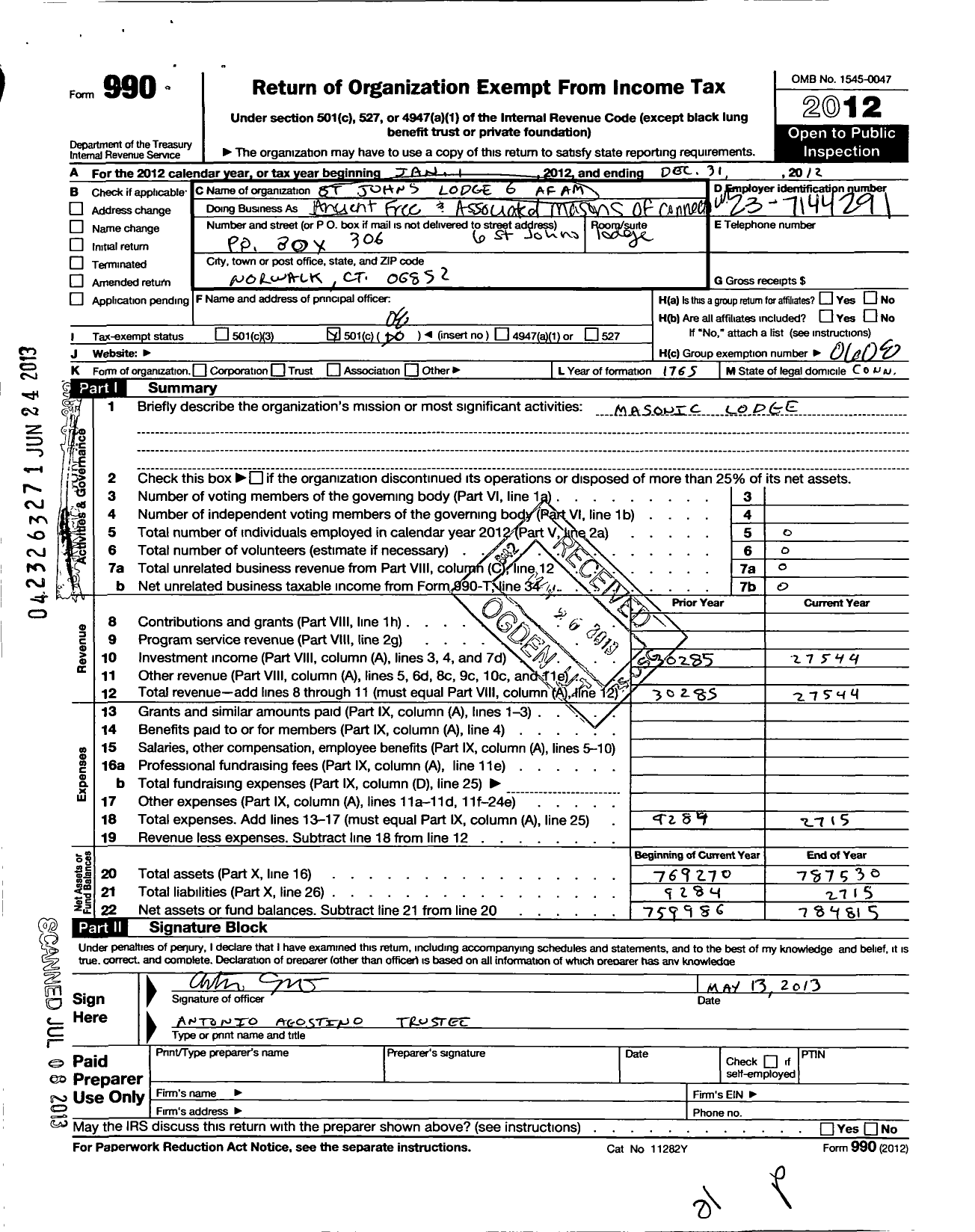 Image of first page of 2012 Form 990O for Ancient Free and Accepted Masons of Connecticut - 6 Oldwell St Johns Lodge