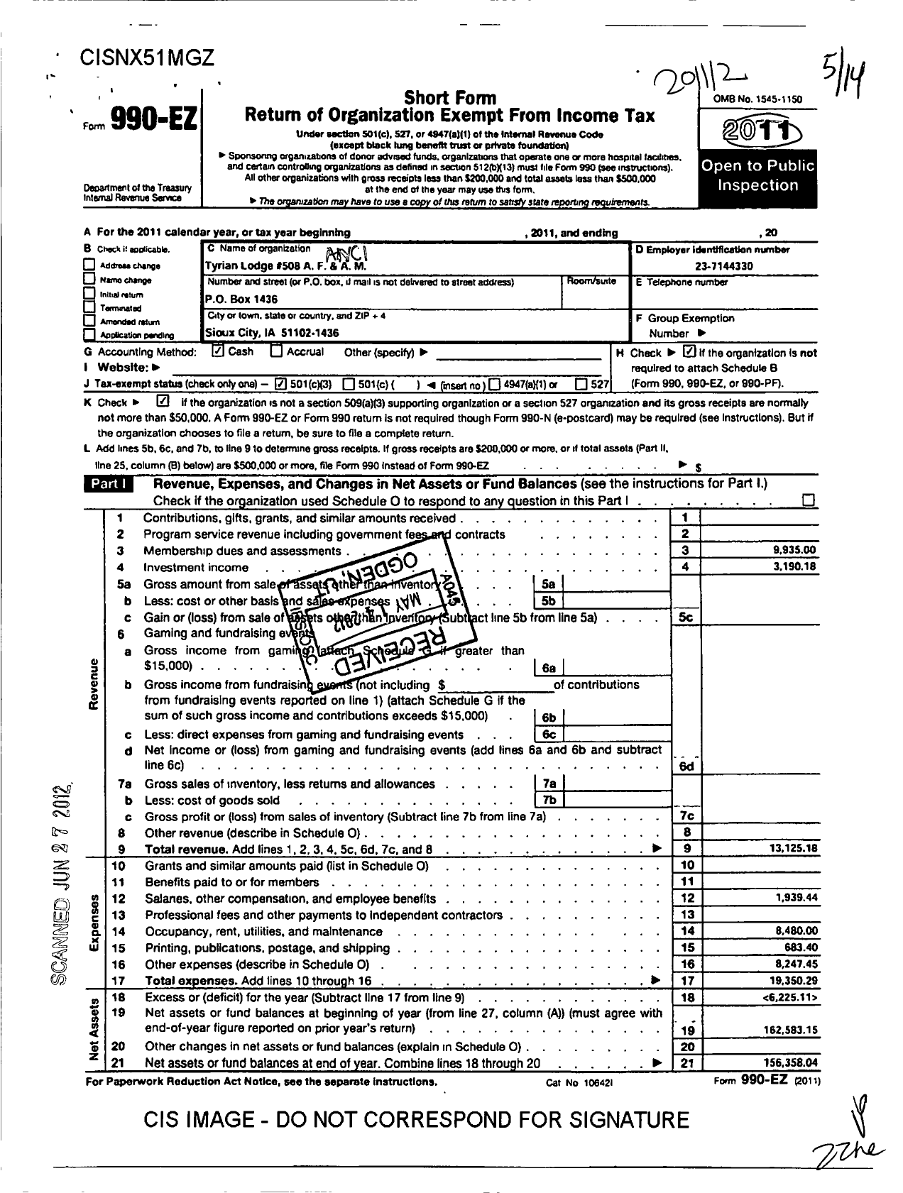 Image of first page of 2011 Form 990EZ for Ancient Free and Accepted Masons of Iowa - 508 Tyrian Lodge