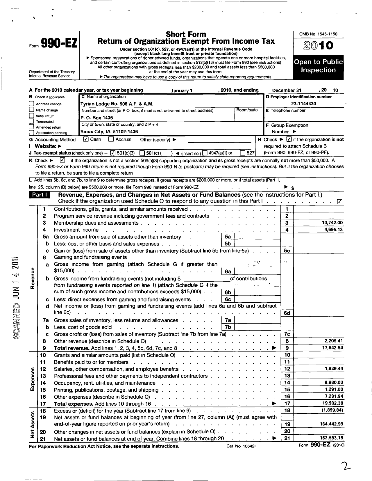 Image of first page of 2010 Form 990EZ for Ancient Free and Accepted Masons of Iowa - 508 Tyrian Lodge